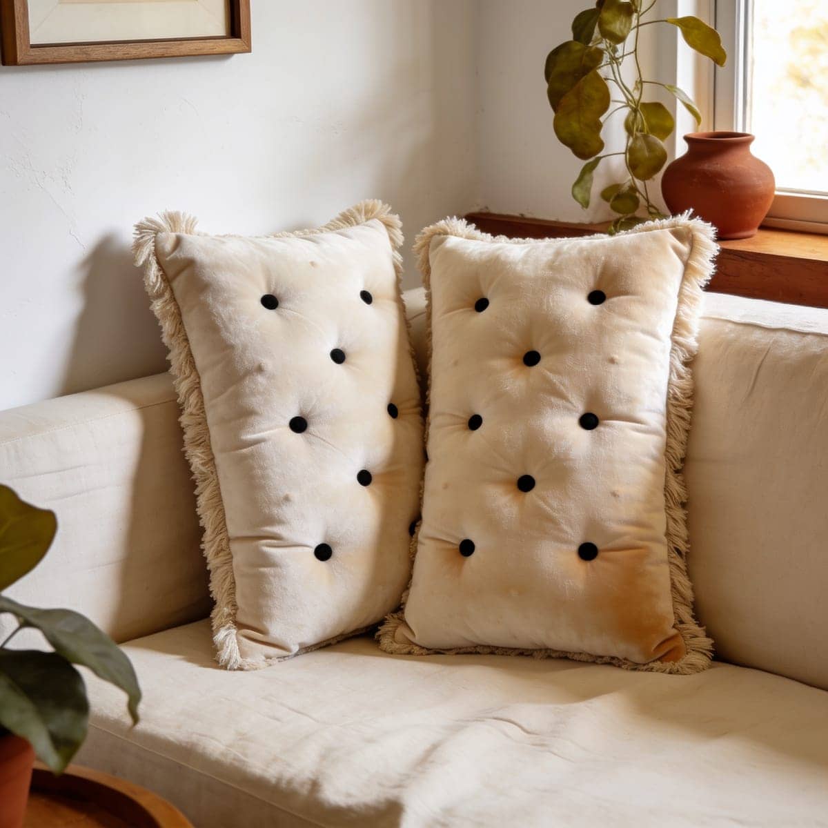 tufted and fringed pillow covers in cream and clay