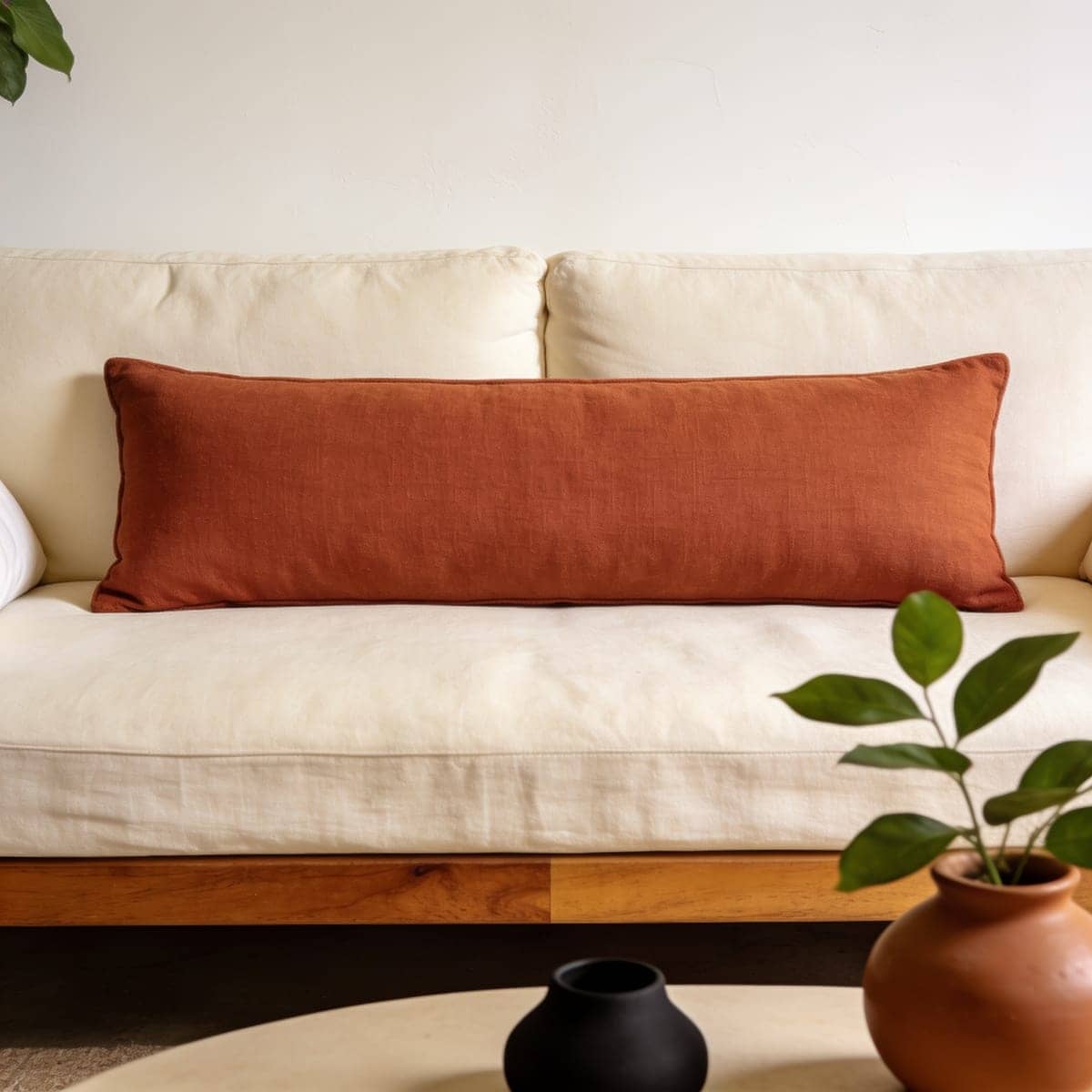 terracotta lumbar pillow centered on a cream sofa
