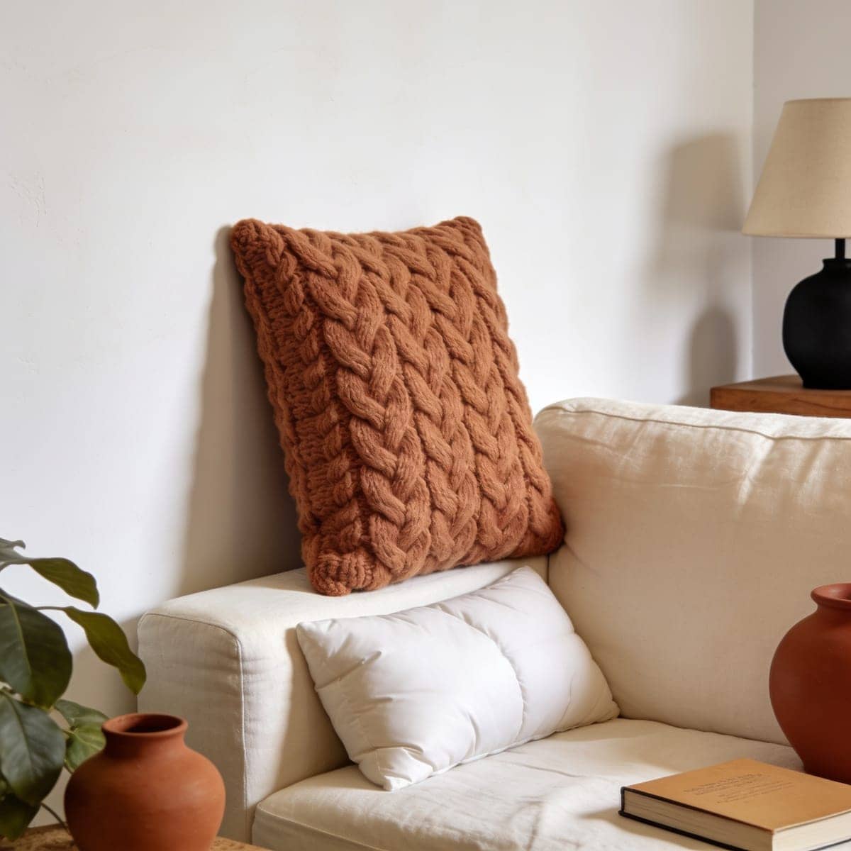 chunky cable knit pillow cover in oatmeal on a couch