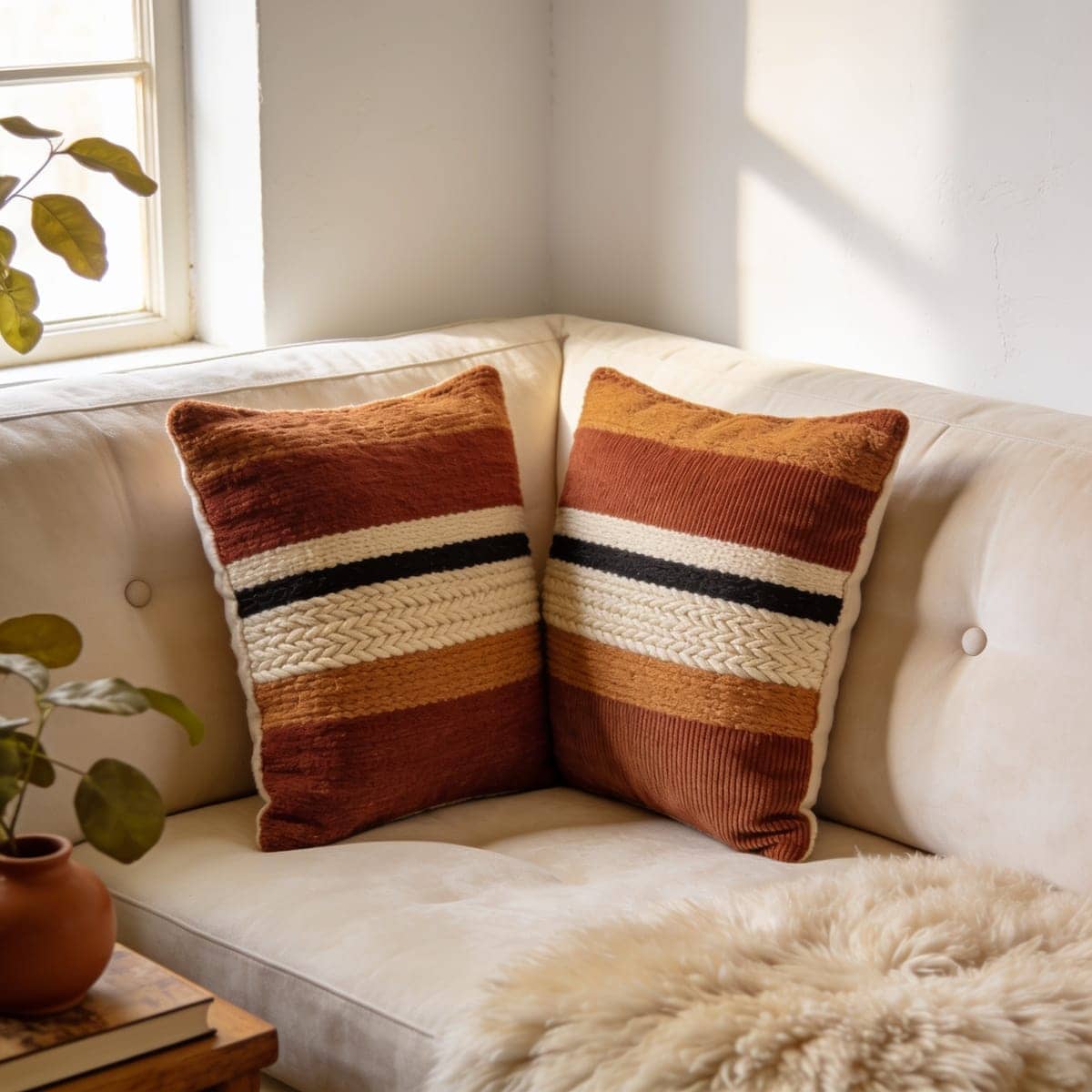 earthy woven striped pillow covers in clay and cream