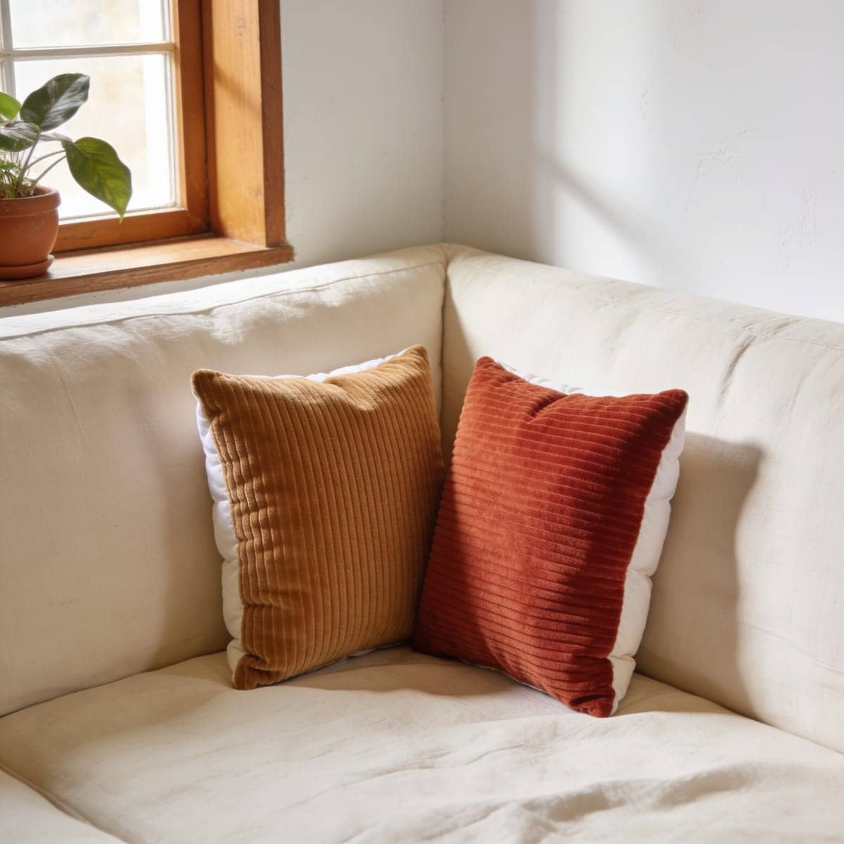 fine-wale corduroy pillow covers in camel and rust