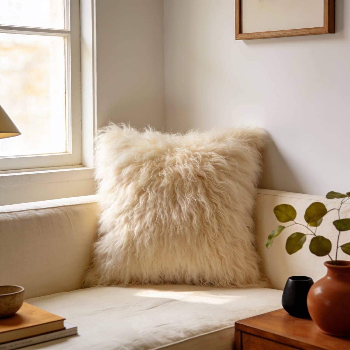 fluffy long-pile faux mohair pillow cover in cream