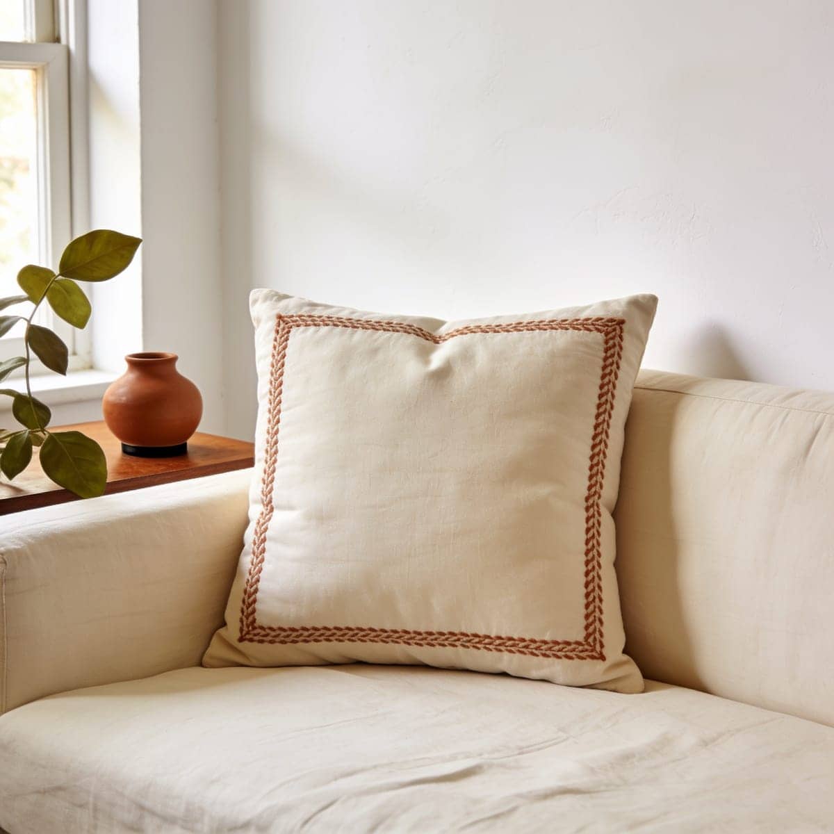 tonal embroidered pillow cover, clay thread on cream ground