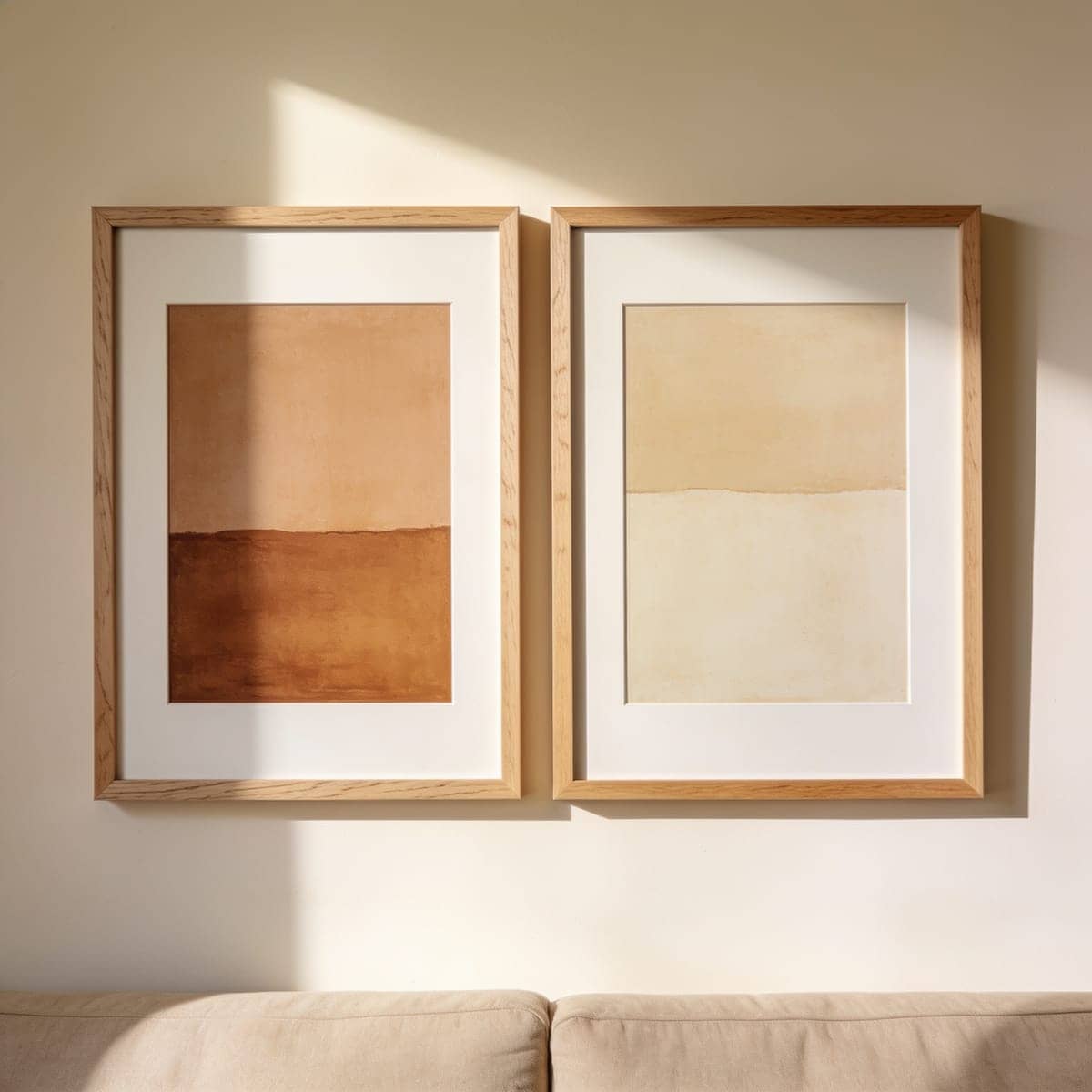 framed abstract art set of two in warm neutral tones over a sofa
