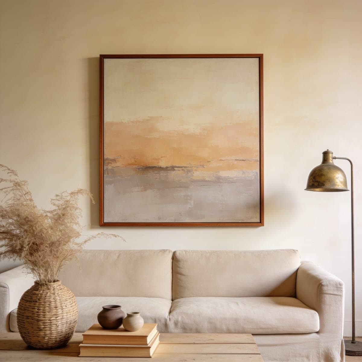 oversized framed canvas in soft abstract neutrals above a long sofa