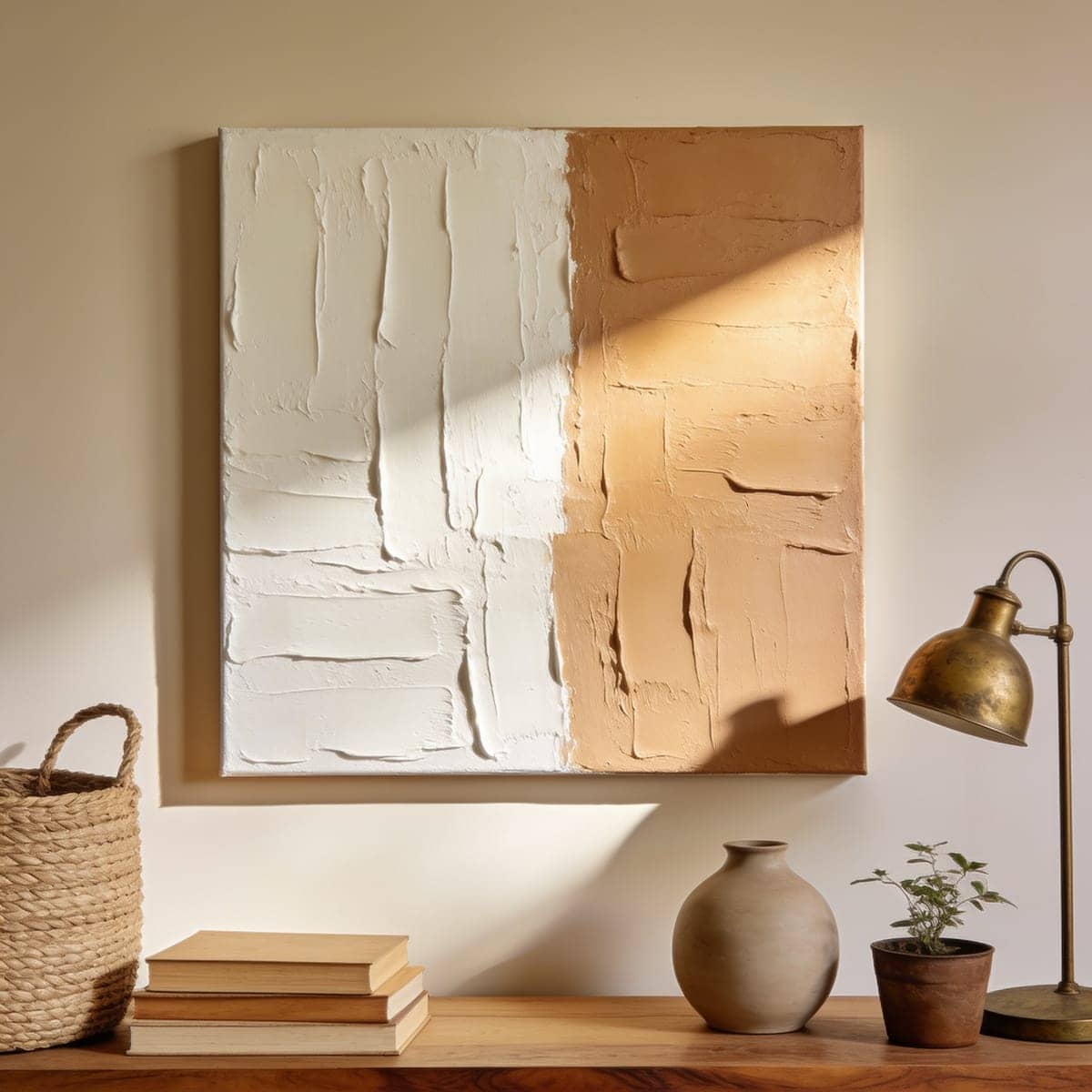hand finished textured abstract canvas with visible brushstrokes in clay and cream