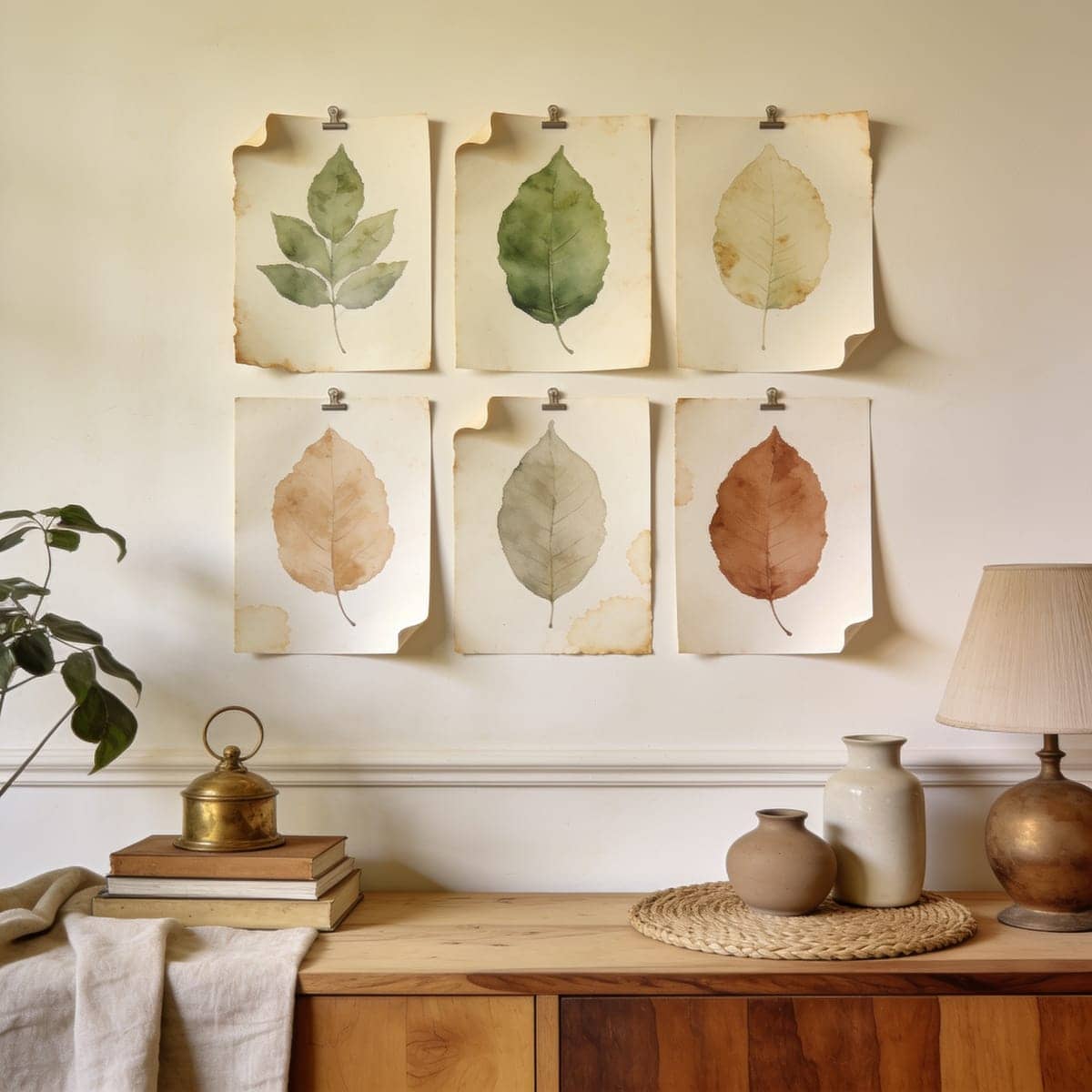 six vintage botanical prints laid out in a grid in warm aged tones