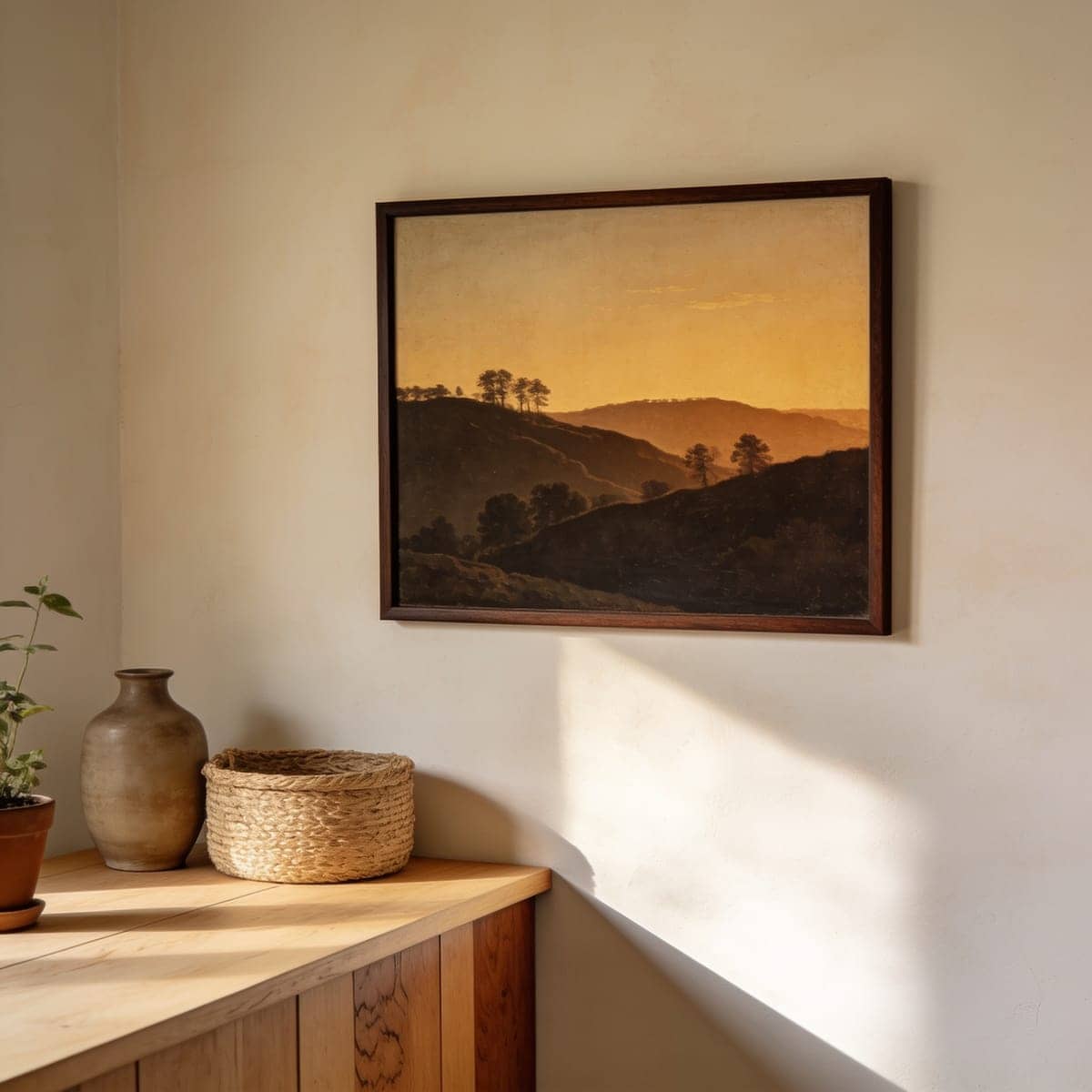 vintage style moody landscape canvas in a dark wood frame