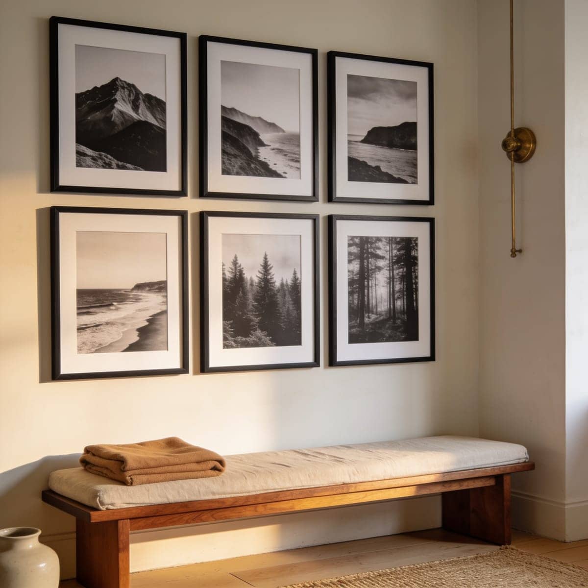 black and white photography prints arranged as a gallery wall
