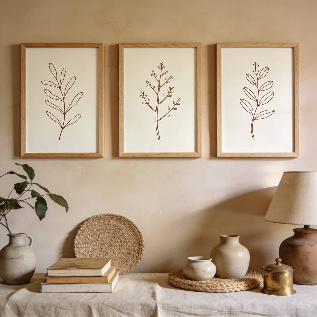 three minimalist line art prints in slim frames on a narrow wall