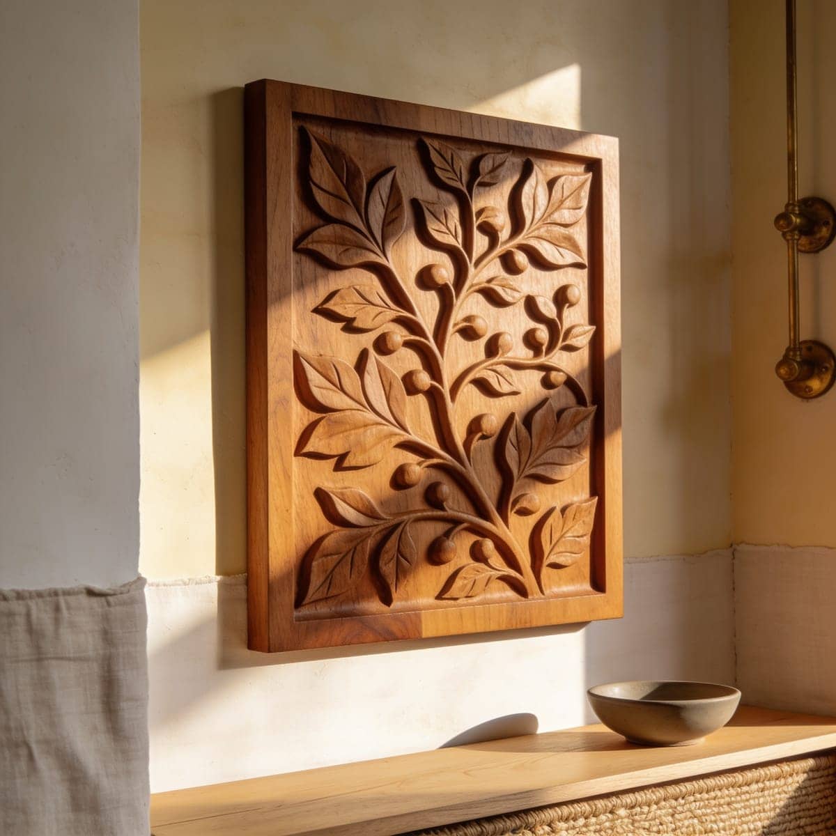 carved wood wall art panel with a raised botanical pattern in warm oak