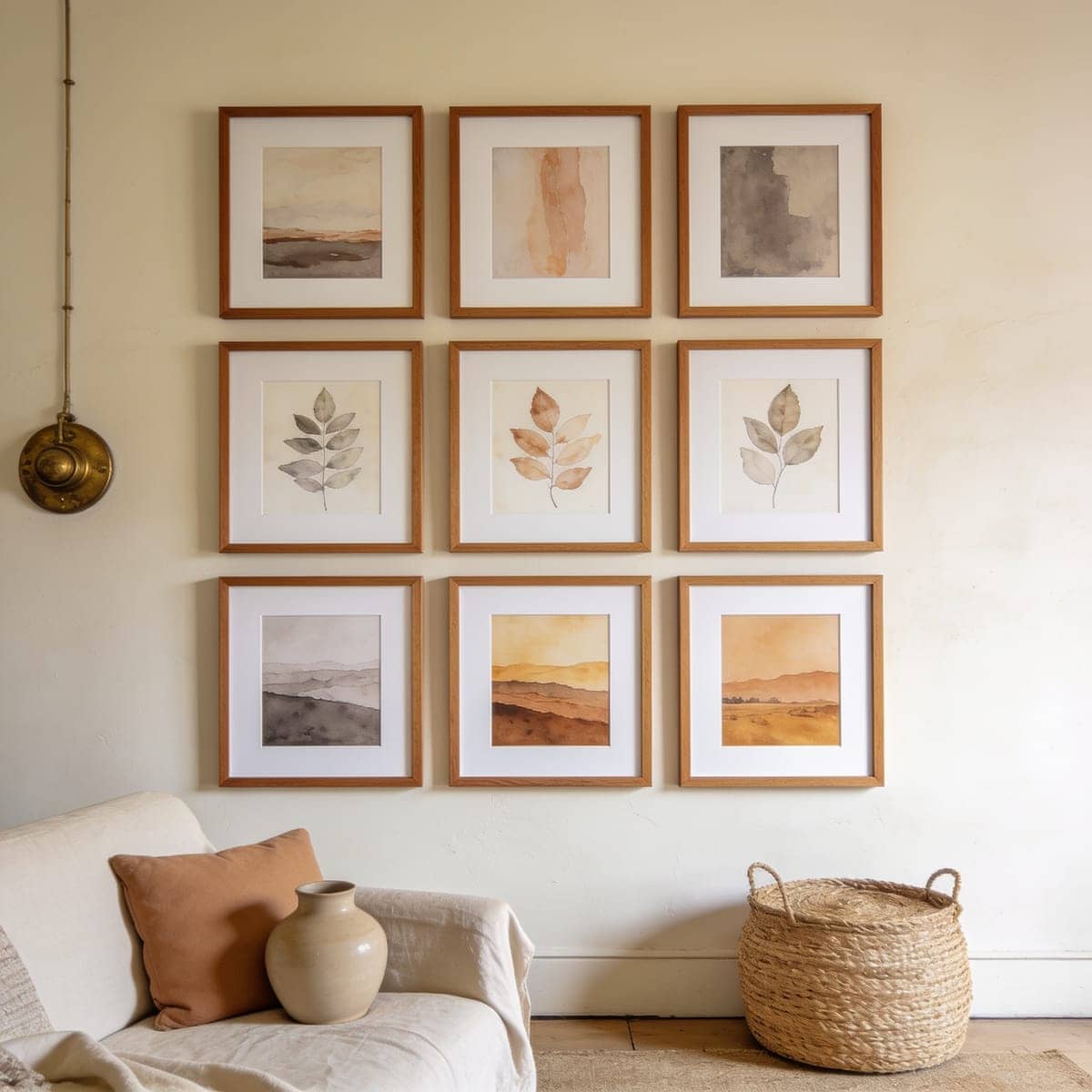 nine coordinated art prints arranged as a full gallery wall