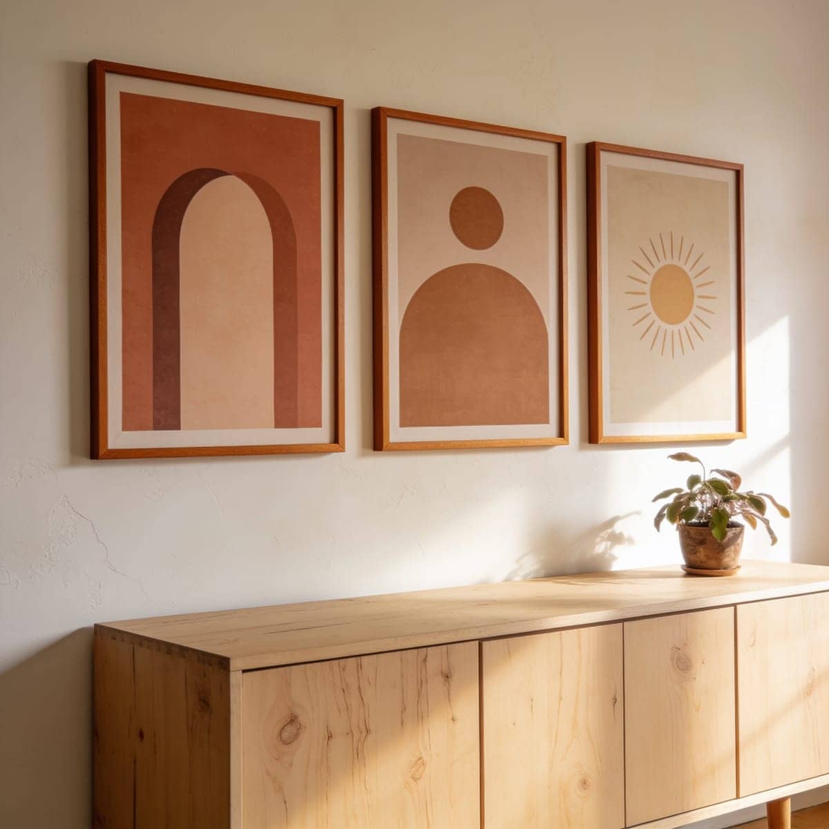 three framed boho canvas prints in terracotta and oatmeal tones