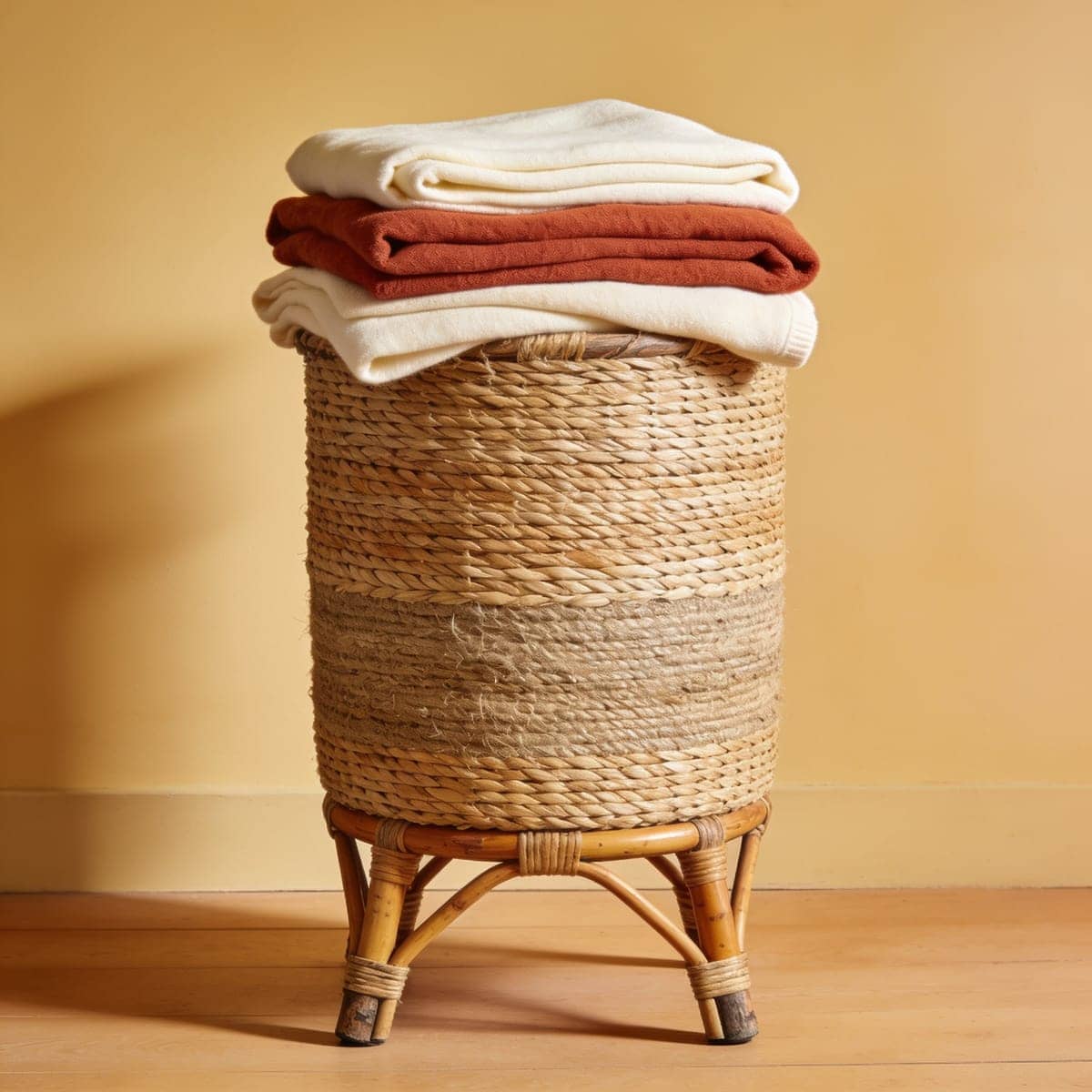 large woven floor basket holding blankets by a sofa
