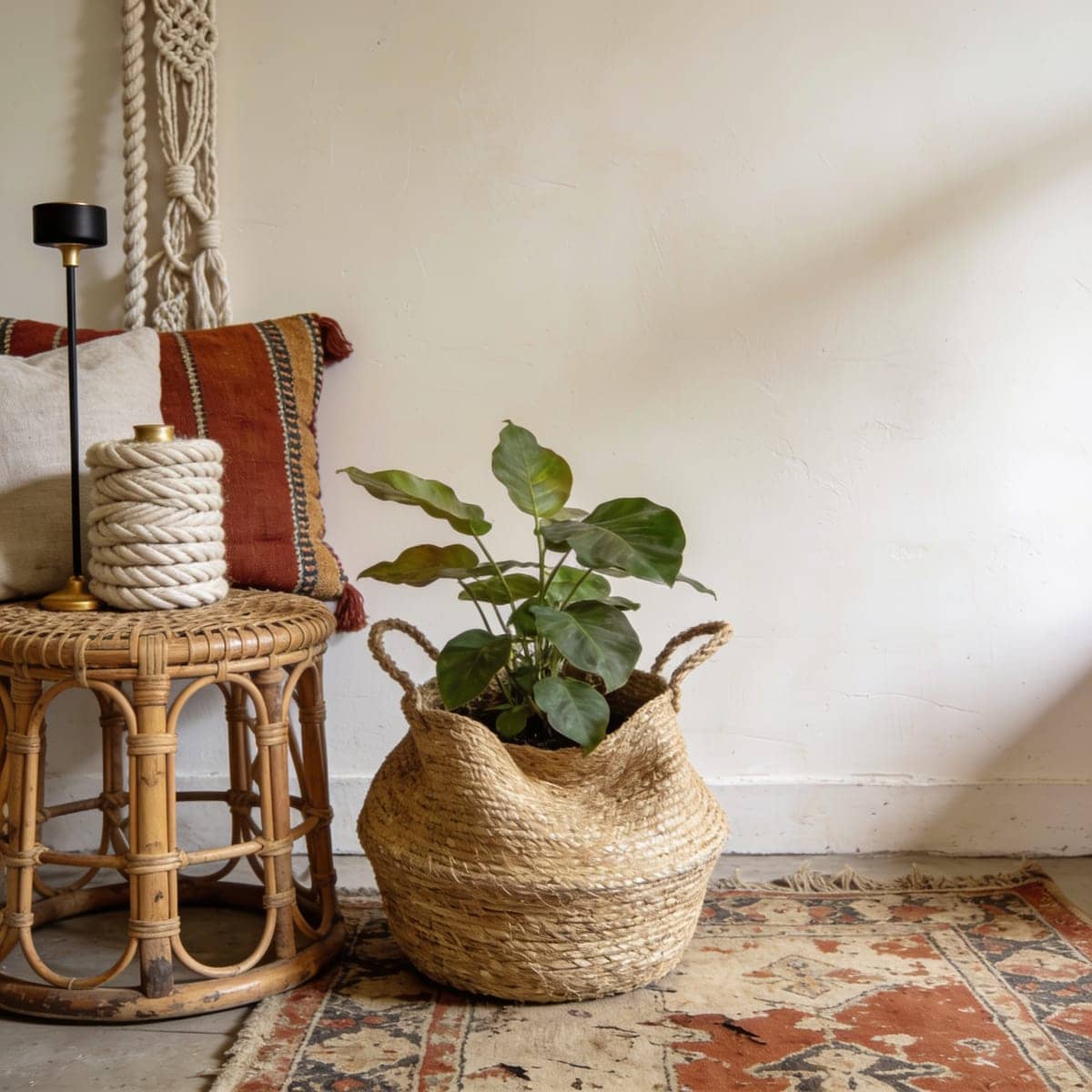 seagrass belly basket holding a leafy plant