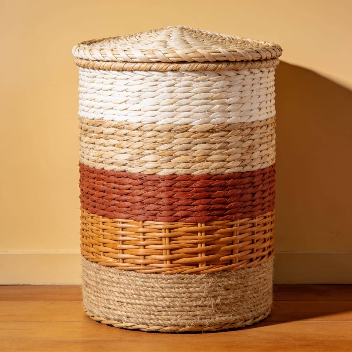 lidded woven basket on an open shelf