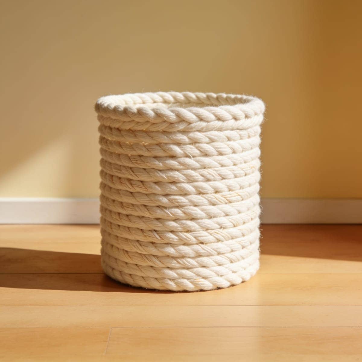 cotton rope storage basket in a living room