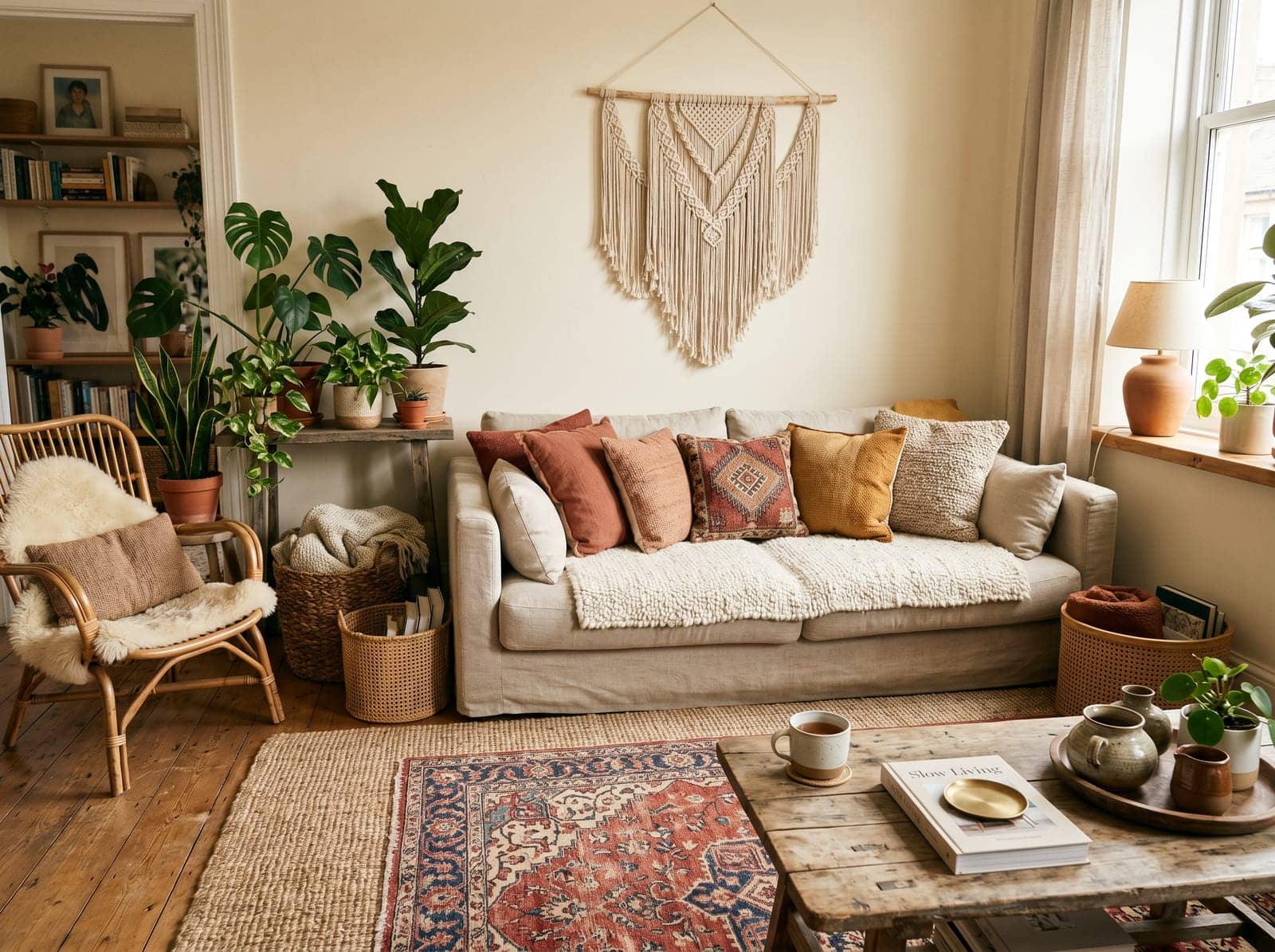 boho living room layered with rattan, woven baskets and plants