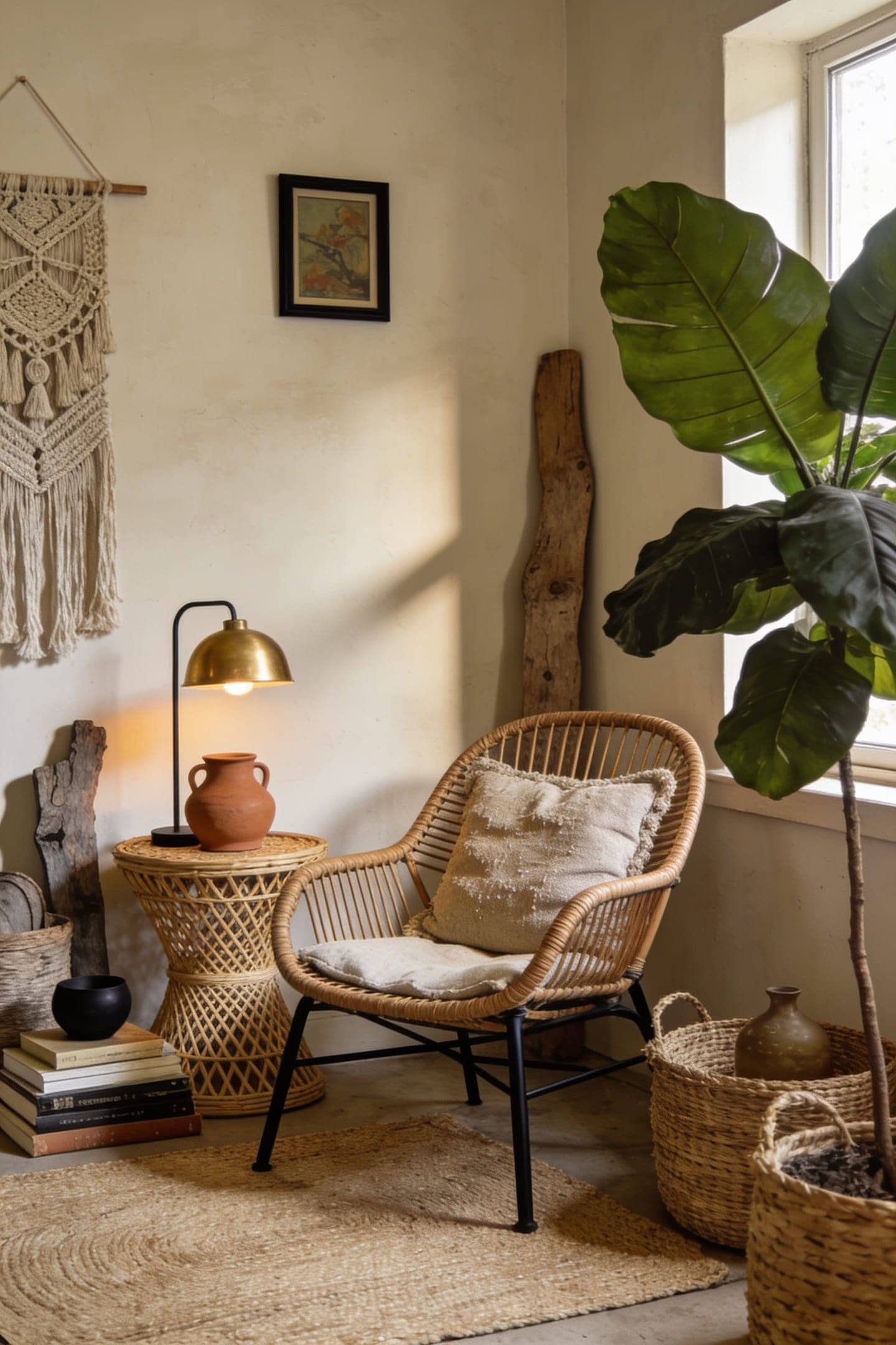 boho living room layered with rattan, jute and wood