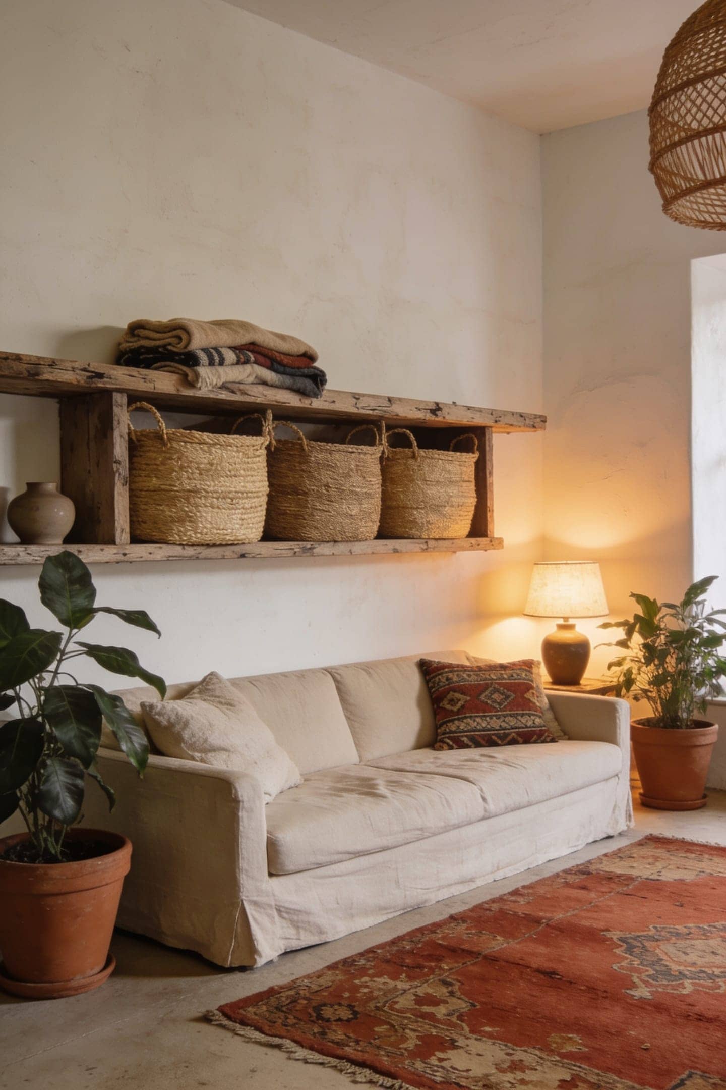 woven baskets used as storage in a boho living room