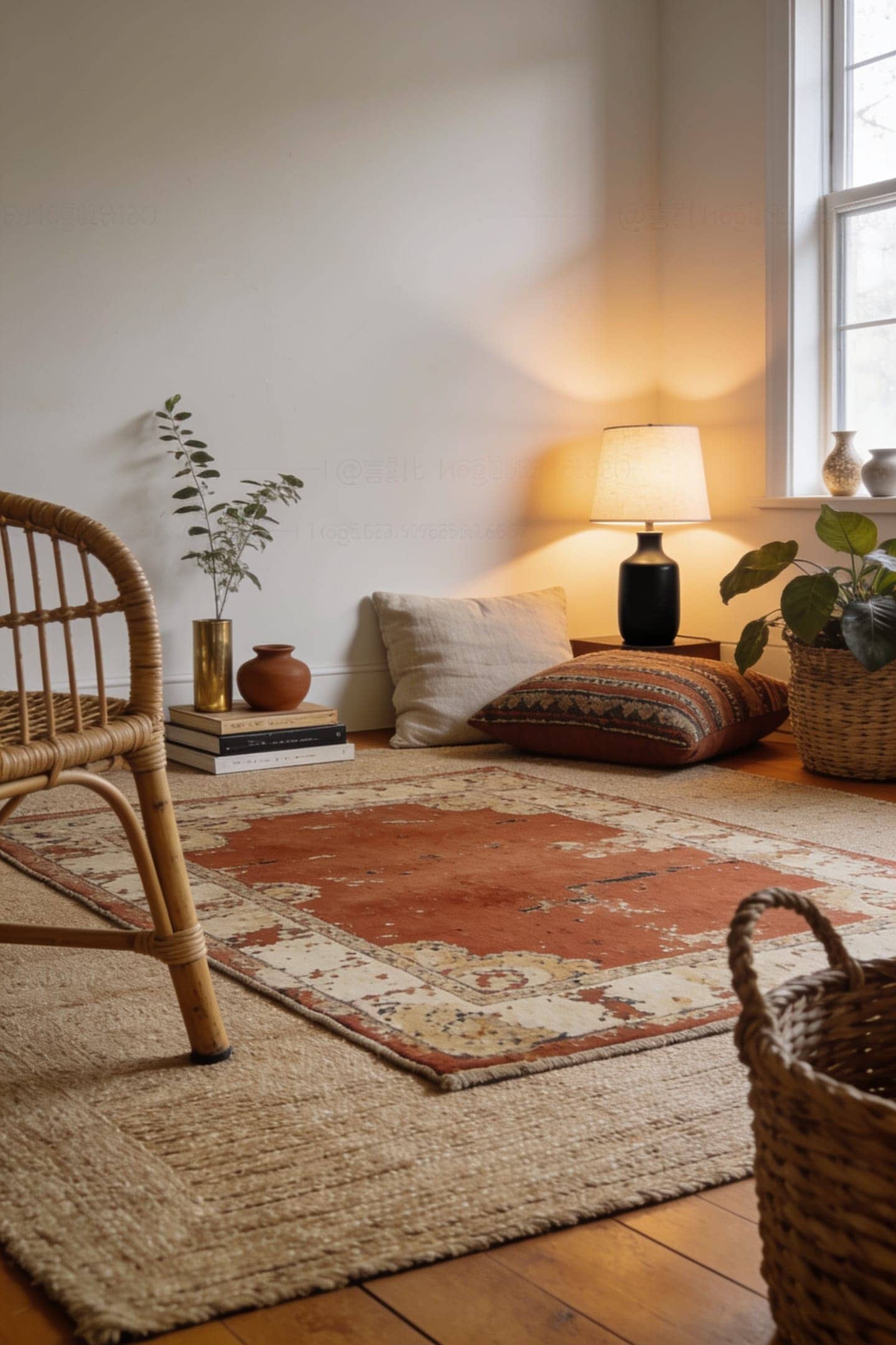 vintage rug layered over a jute rug