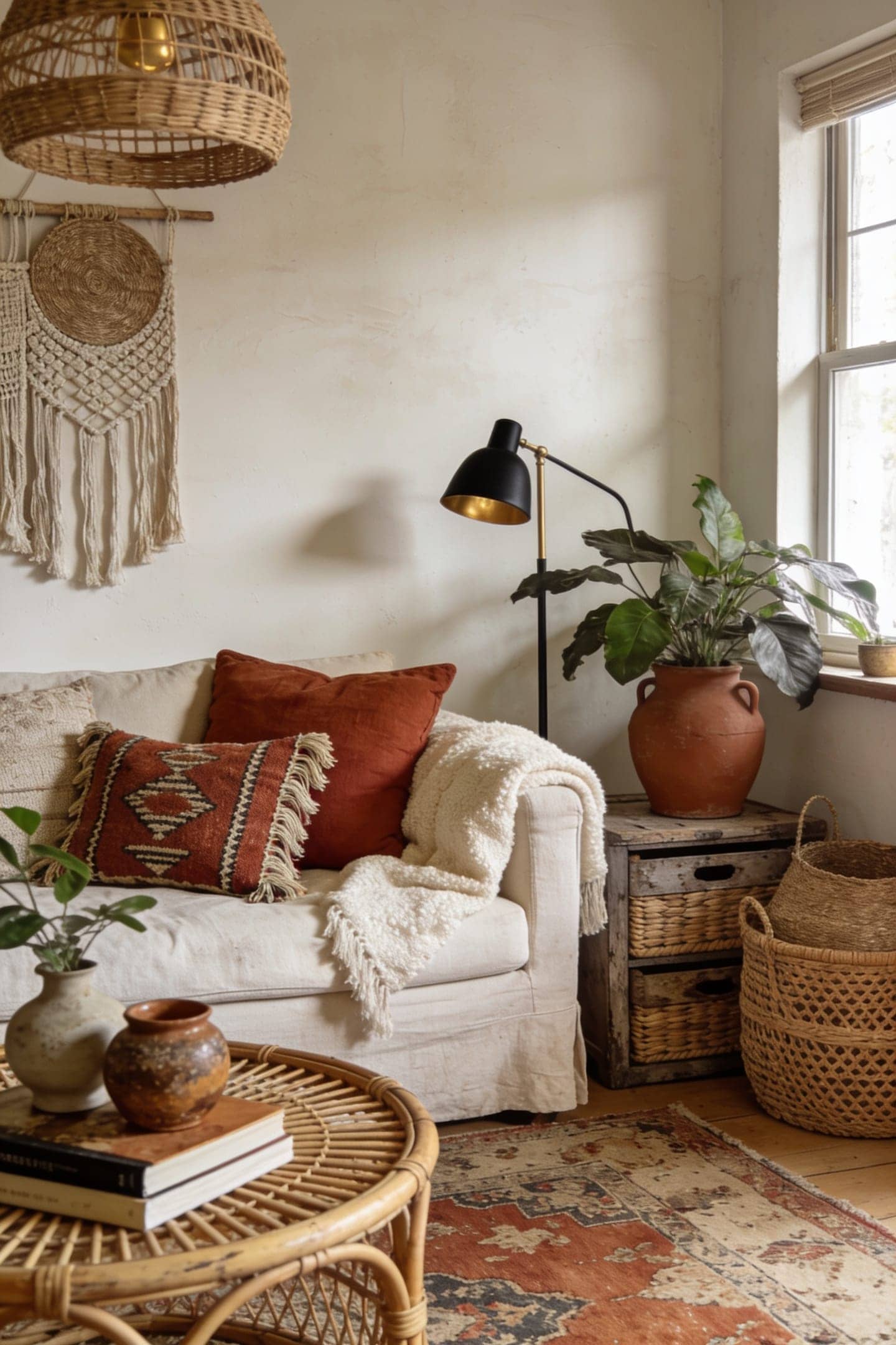 mixed boho throw pillows and blankets in earthy tones