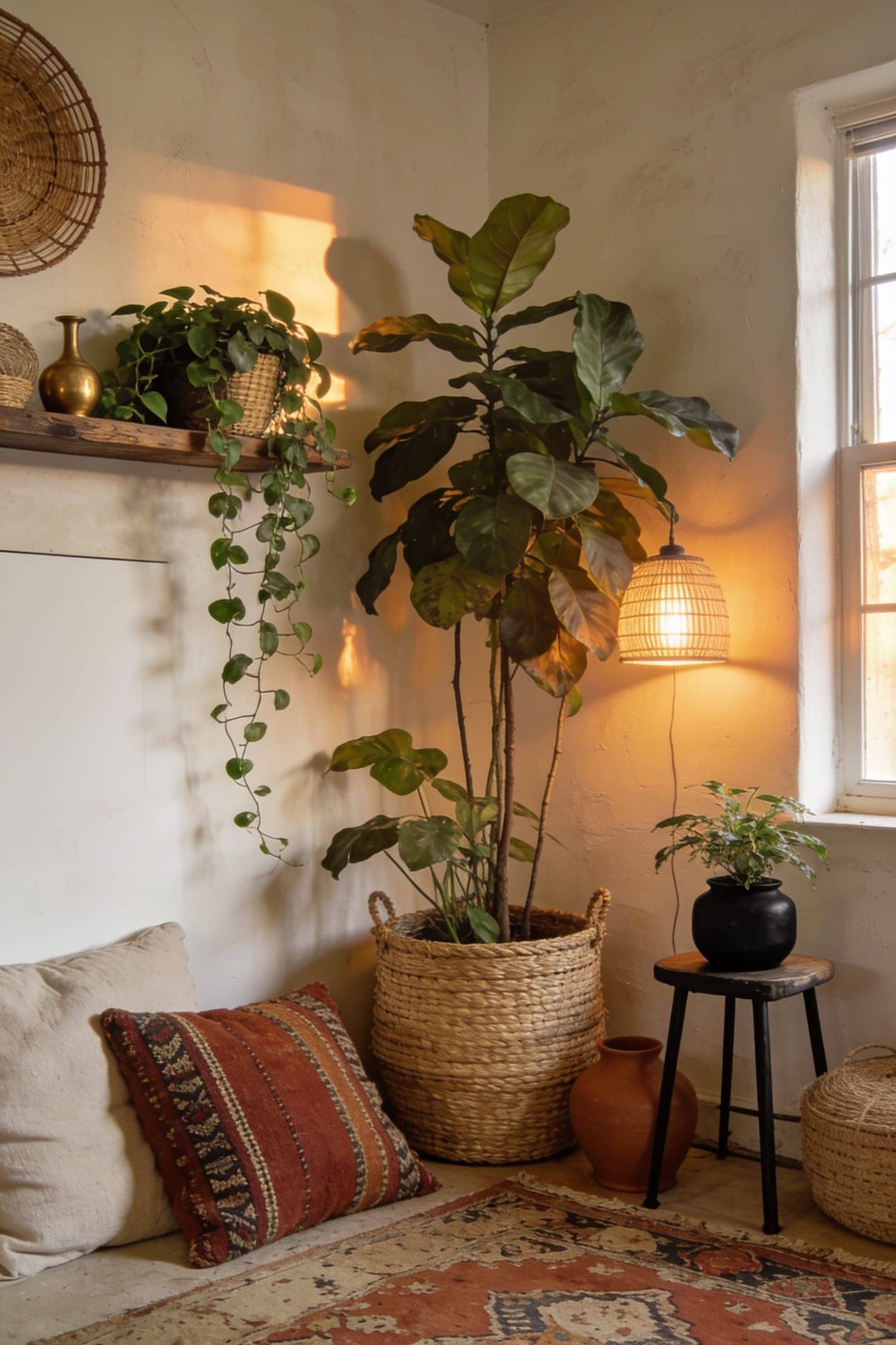 layered plants in woven baskets in a boho living room