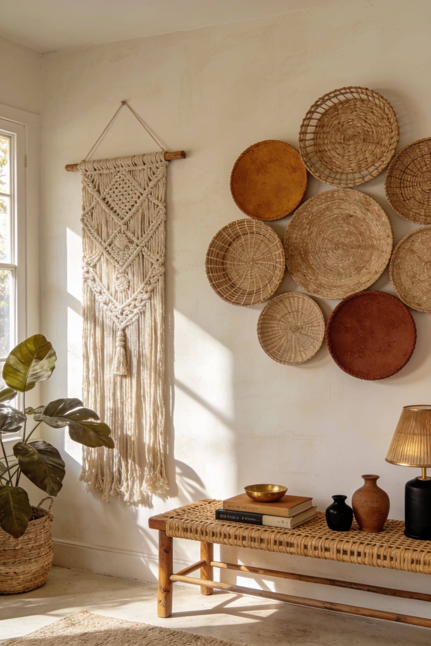 macrame and woven wall hanging in a boho living room