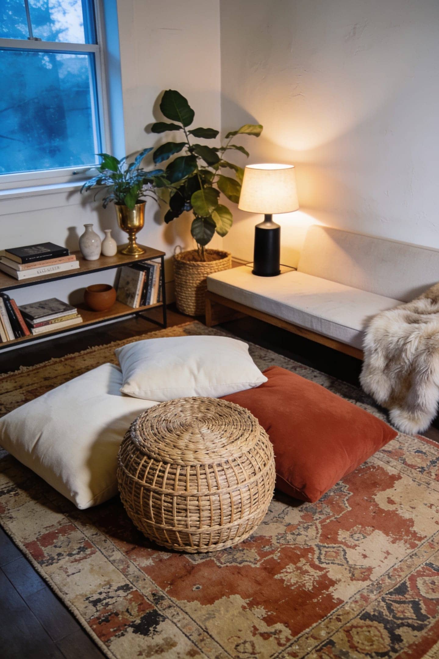 low seating with floor cushions and a pouf