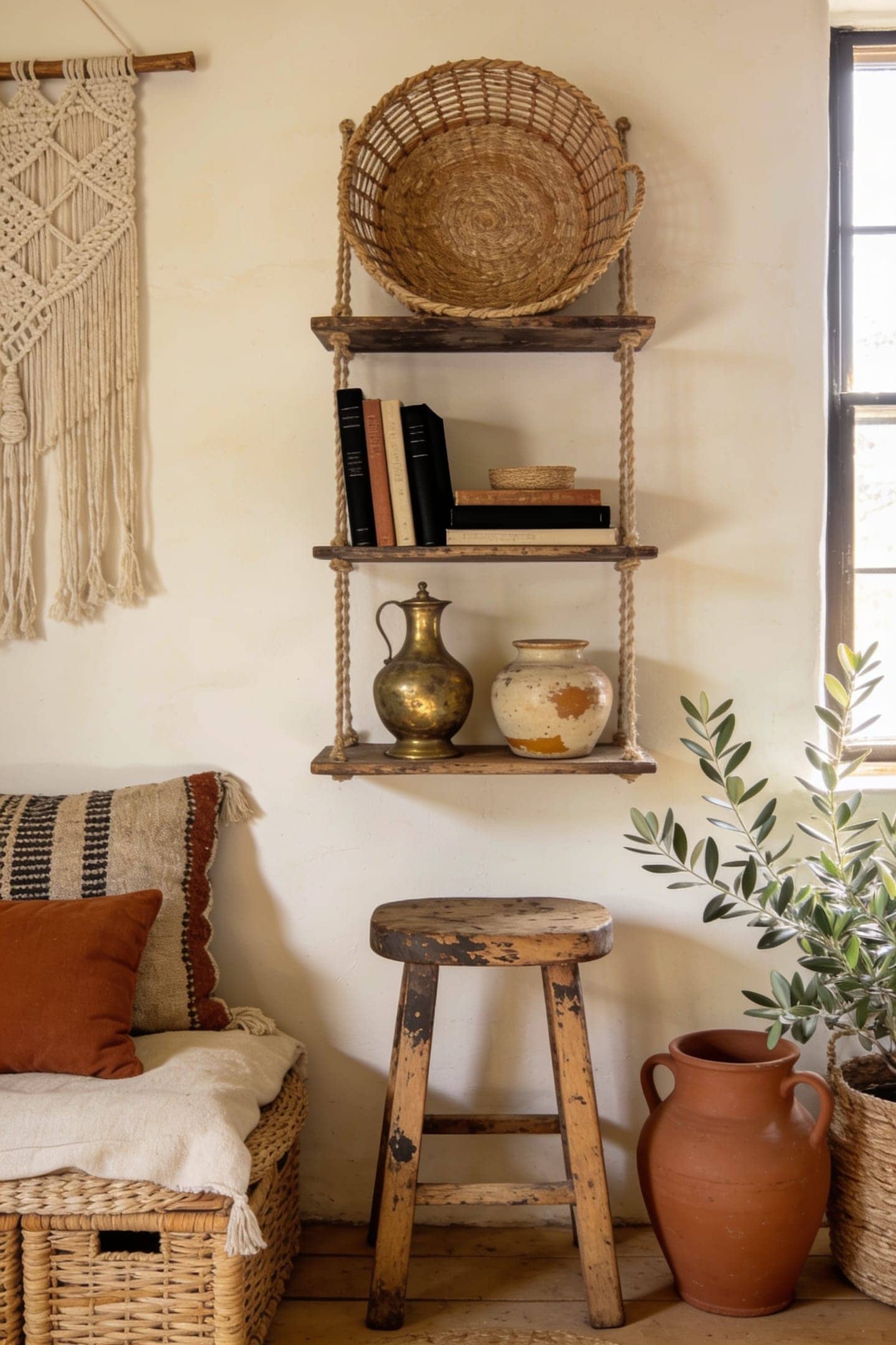 thrifted boho decor pieces on a shelf