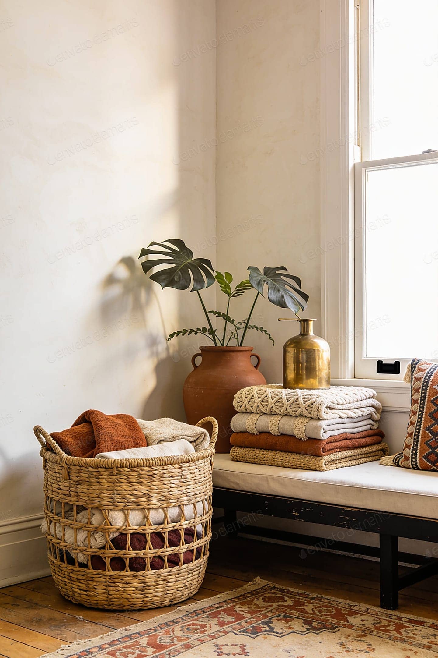 large woven floor basket holding blankets
