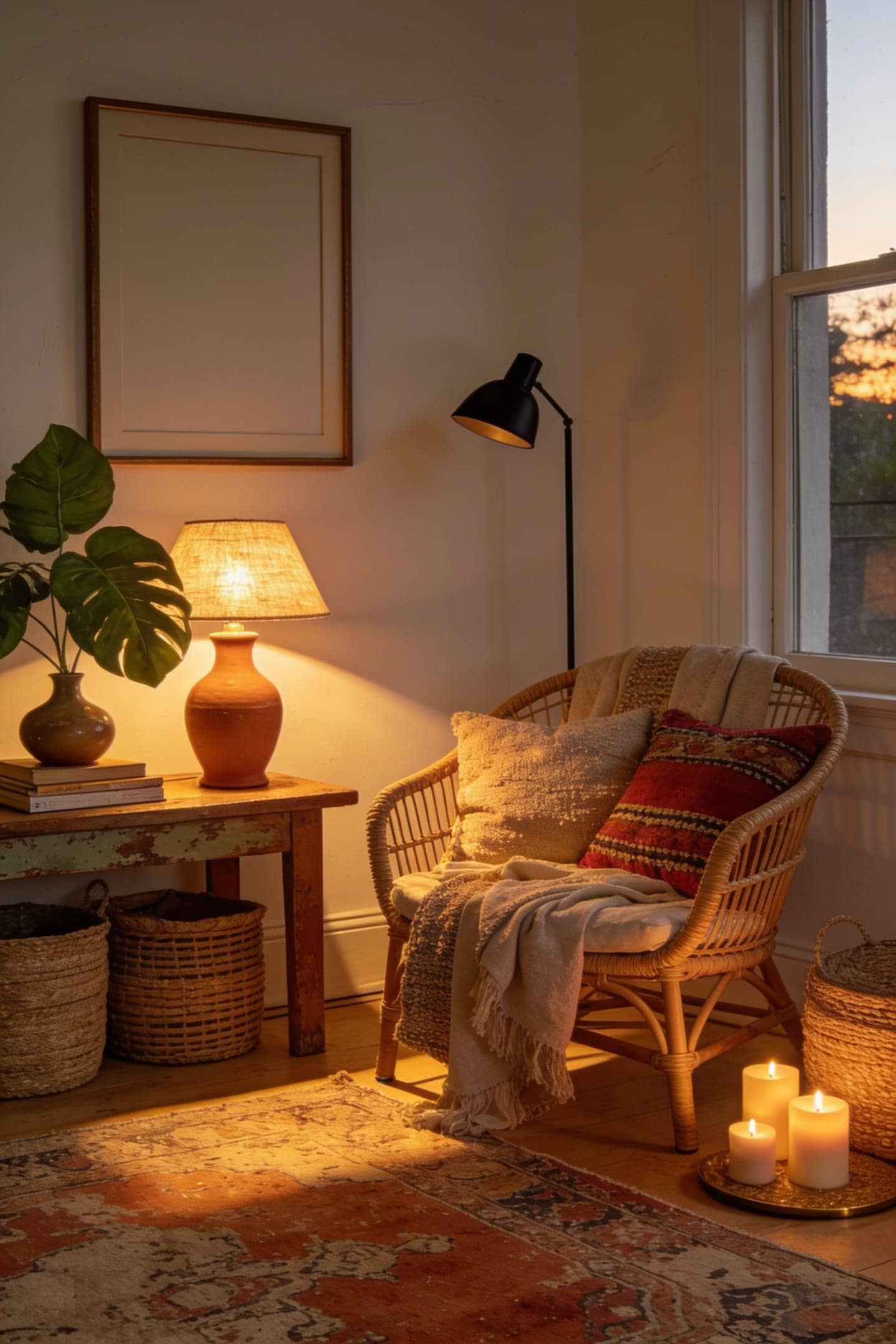 warm layered lamp and lantern light in a boho room