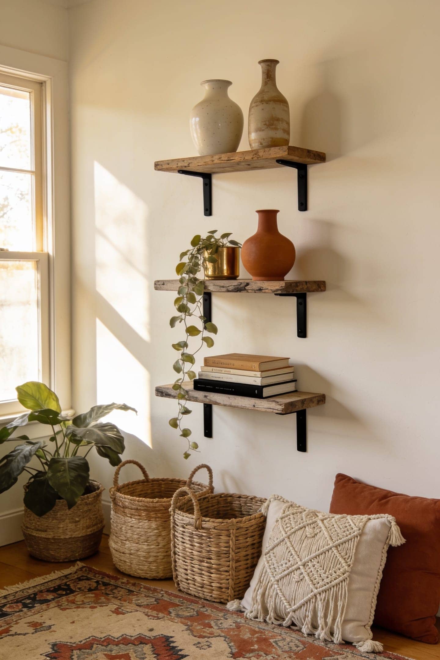 boho styled shelf with ceramics, books and a trailing plant