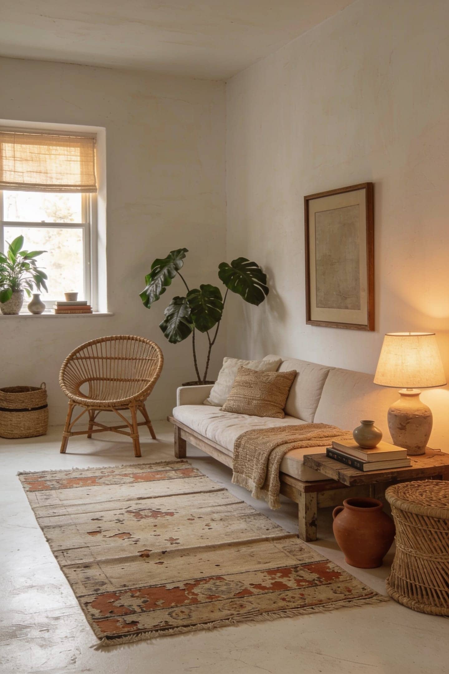 calm edited boho living room with breathing room