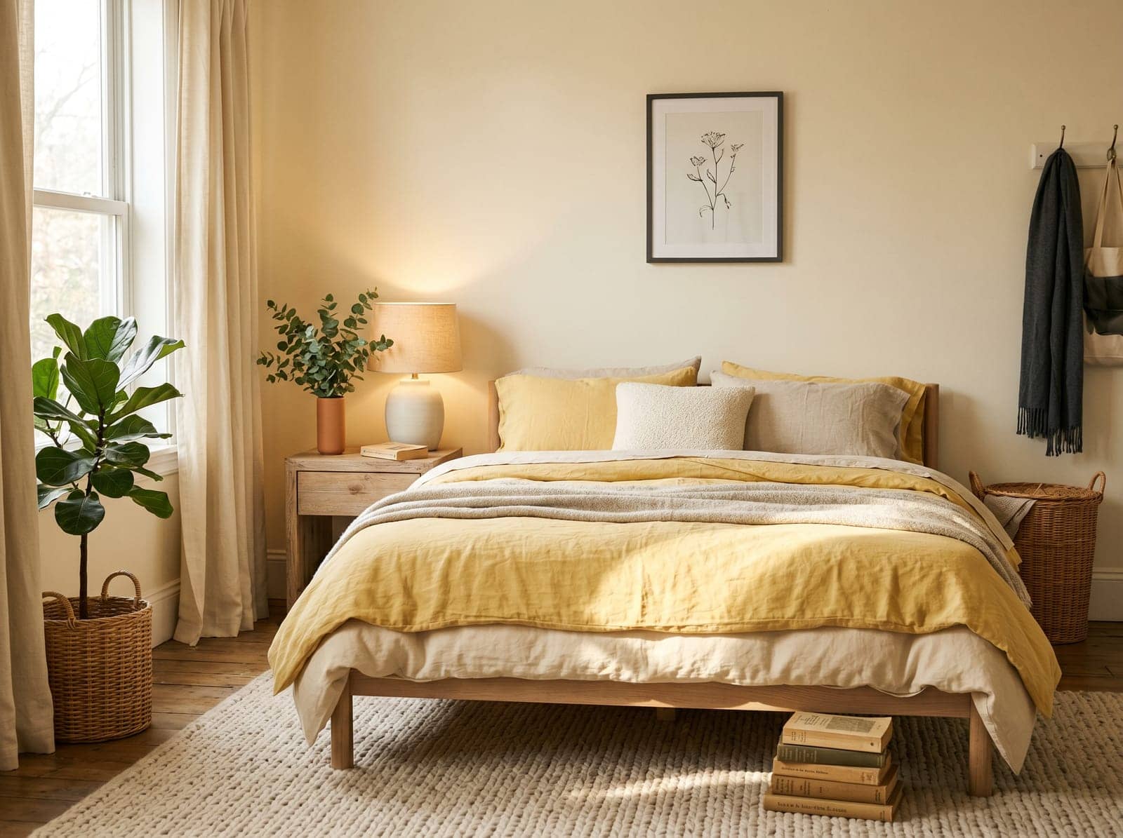 butter yellow bedroom, styled