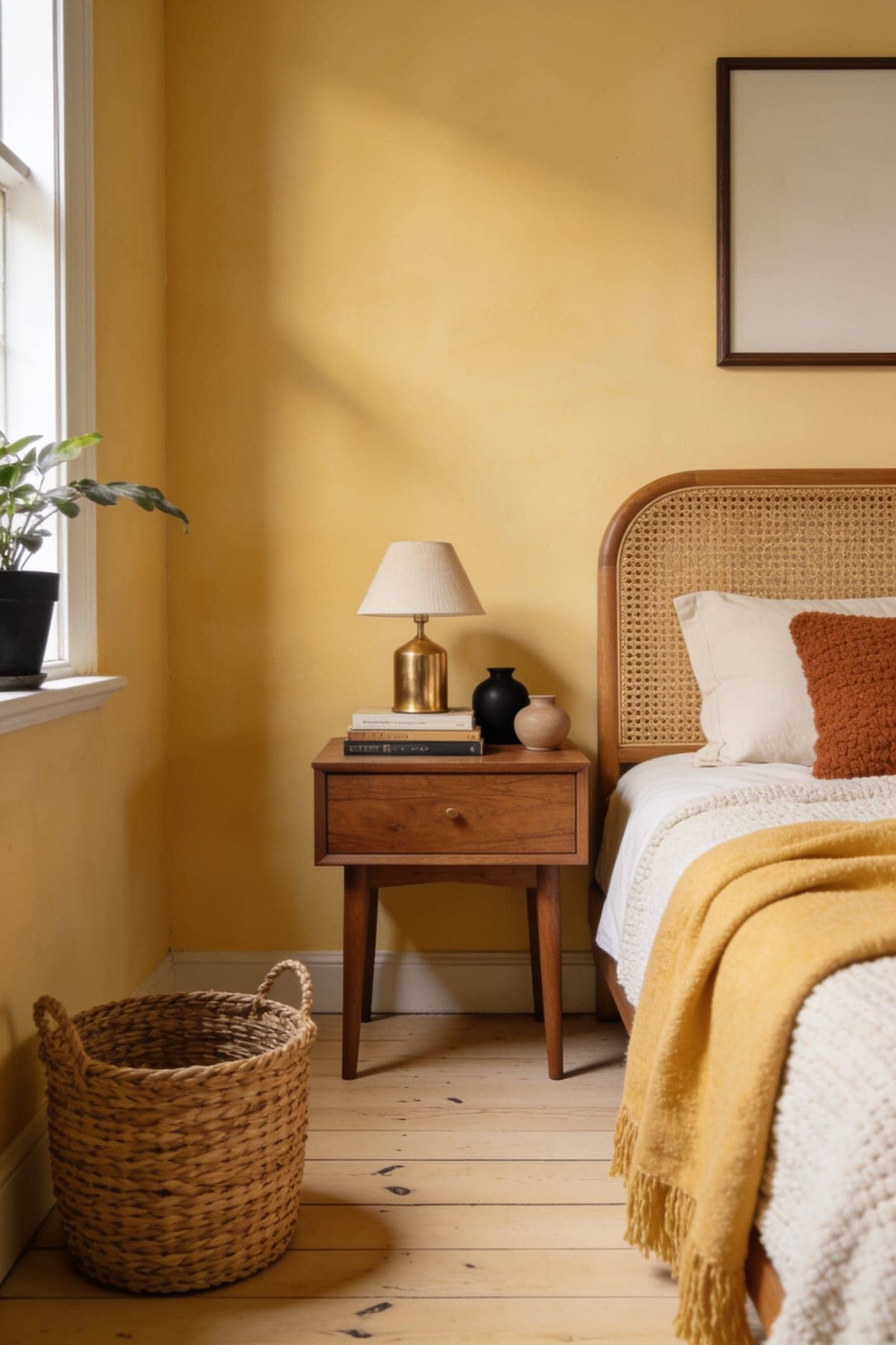 walnut and rattan in butter yellow room