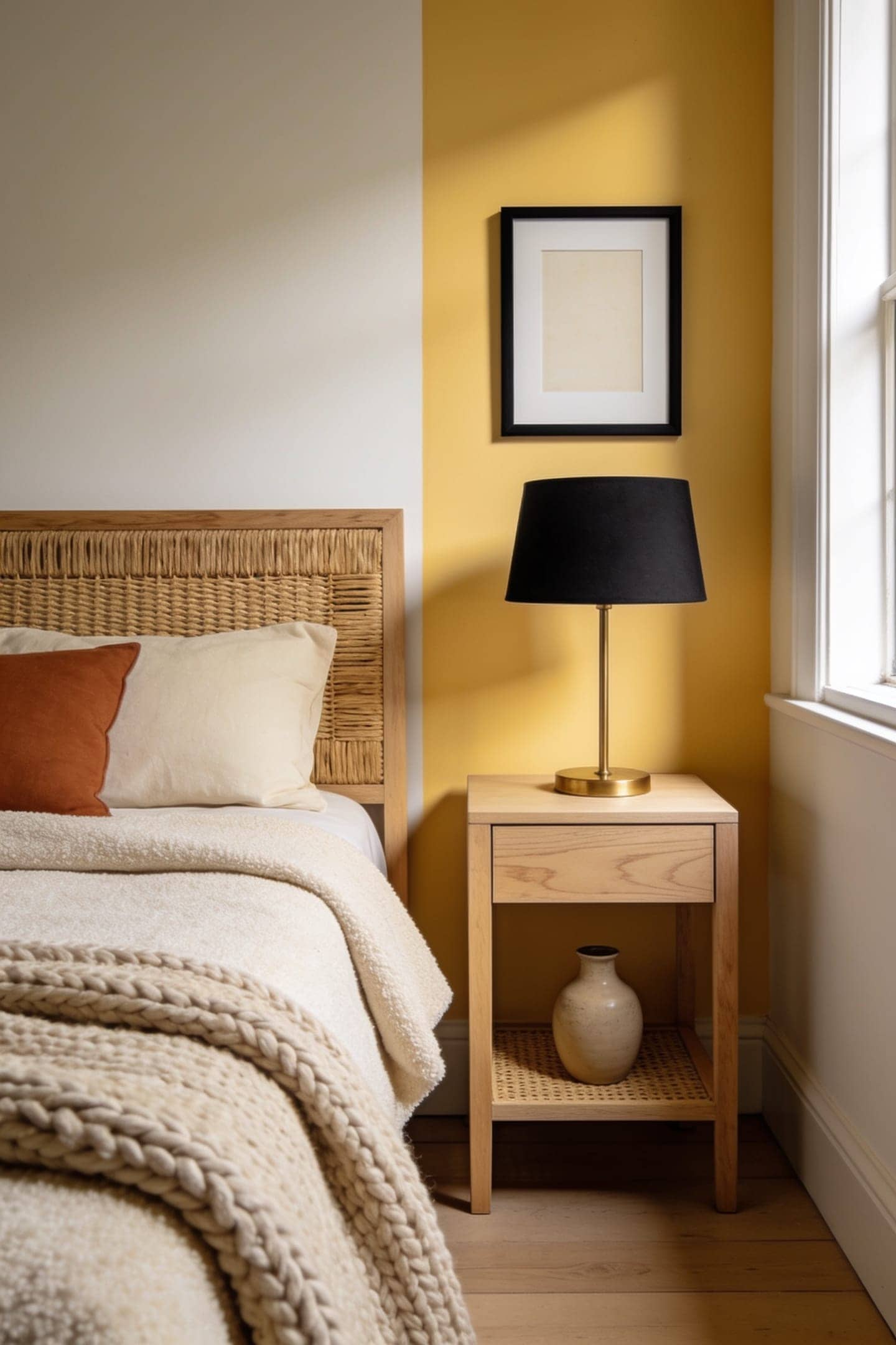 black framed art butter yellow wall