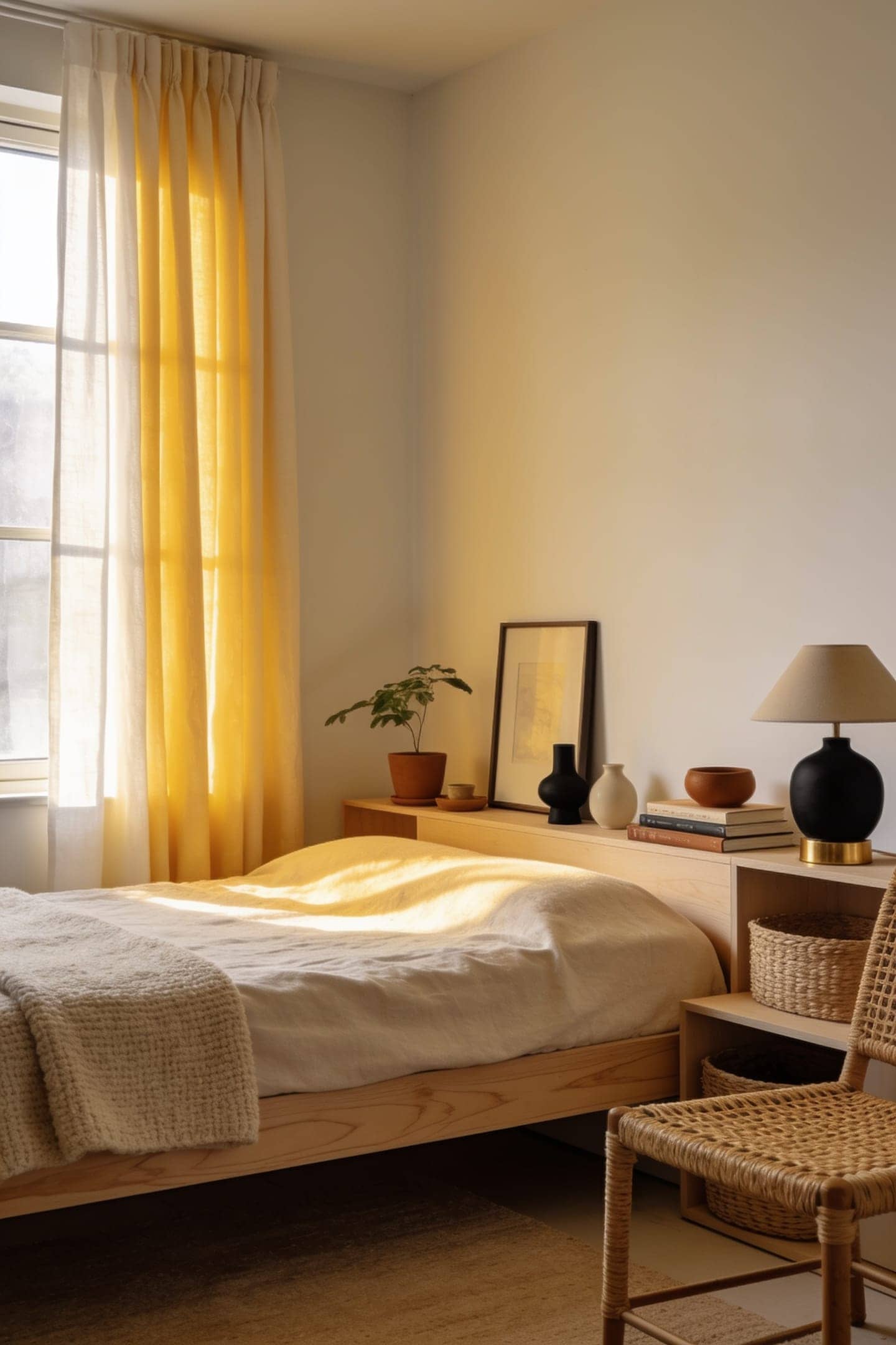 butter cream linen curtains sunlight