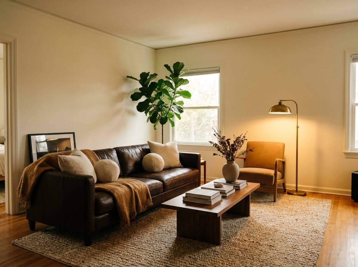 chocolate brown living room, styled