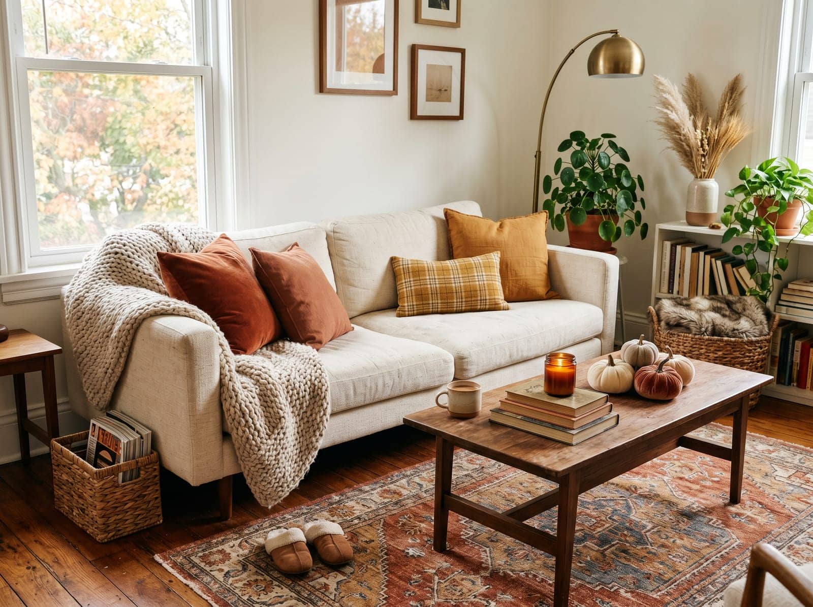 cozy fall living room with a chunky throw, warm lamplight and dried stems