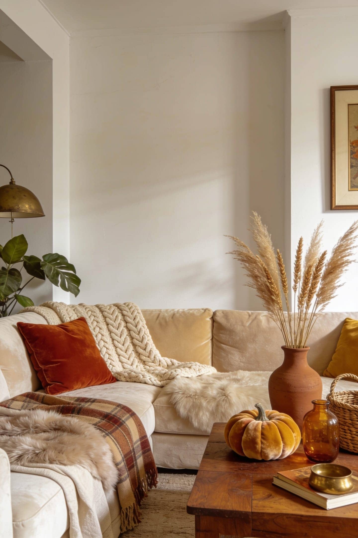 rust and amber accents against a mostly neutral living room