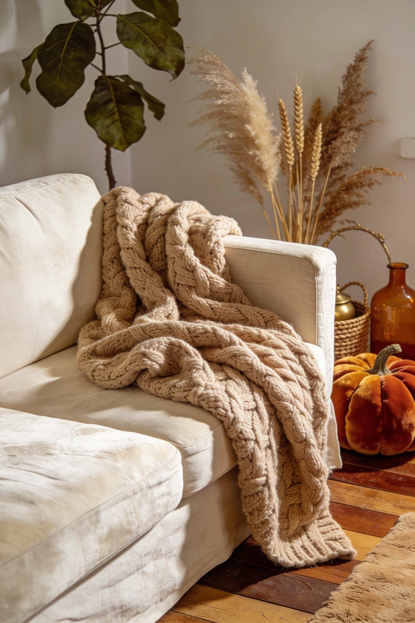 a chunky knit throw blanket draped over the arm of a sofa