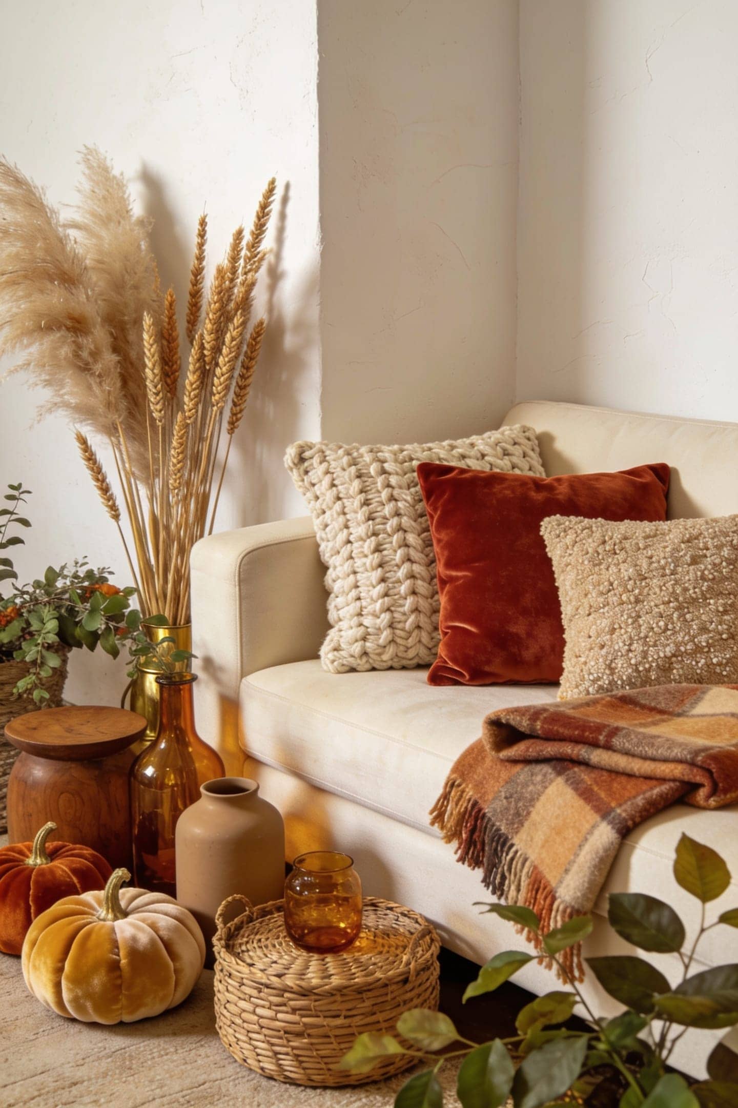 knit, boucle and velvet textures layered on a couch for fall