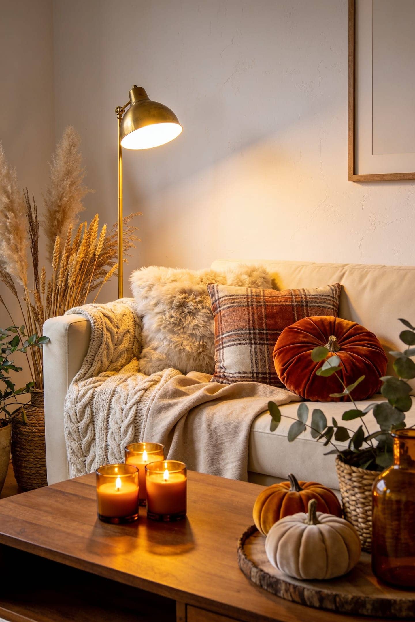 warm lamplight and a cluster of candles in an evening living room