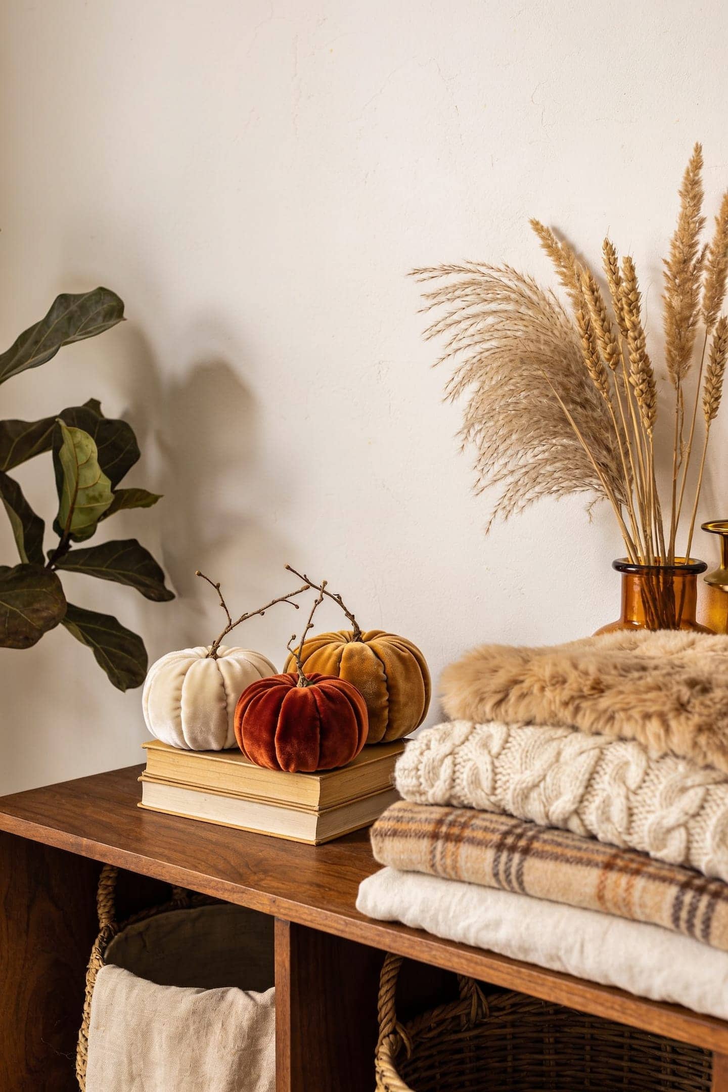 a small cluster of neutral velvet pumpkins on a stack of books