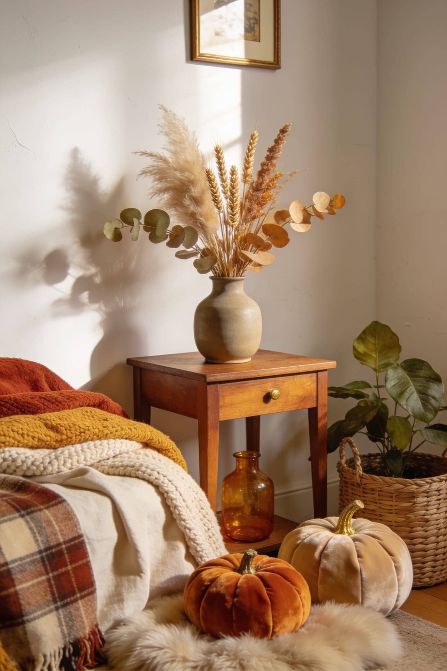 dried pampas and wheat stems in a ceramic vase on a side table