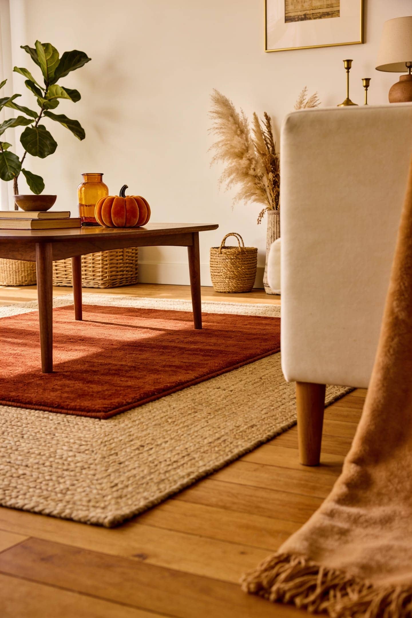 a smaller warm-toned rug layered over a larger neutral rug