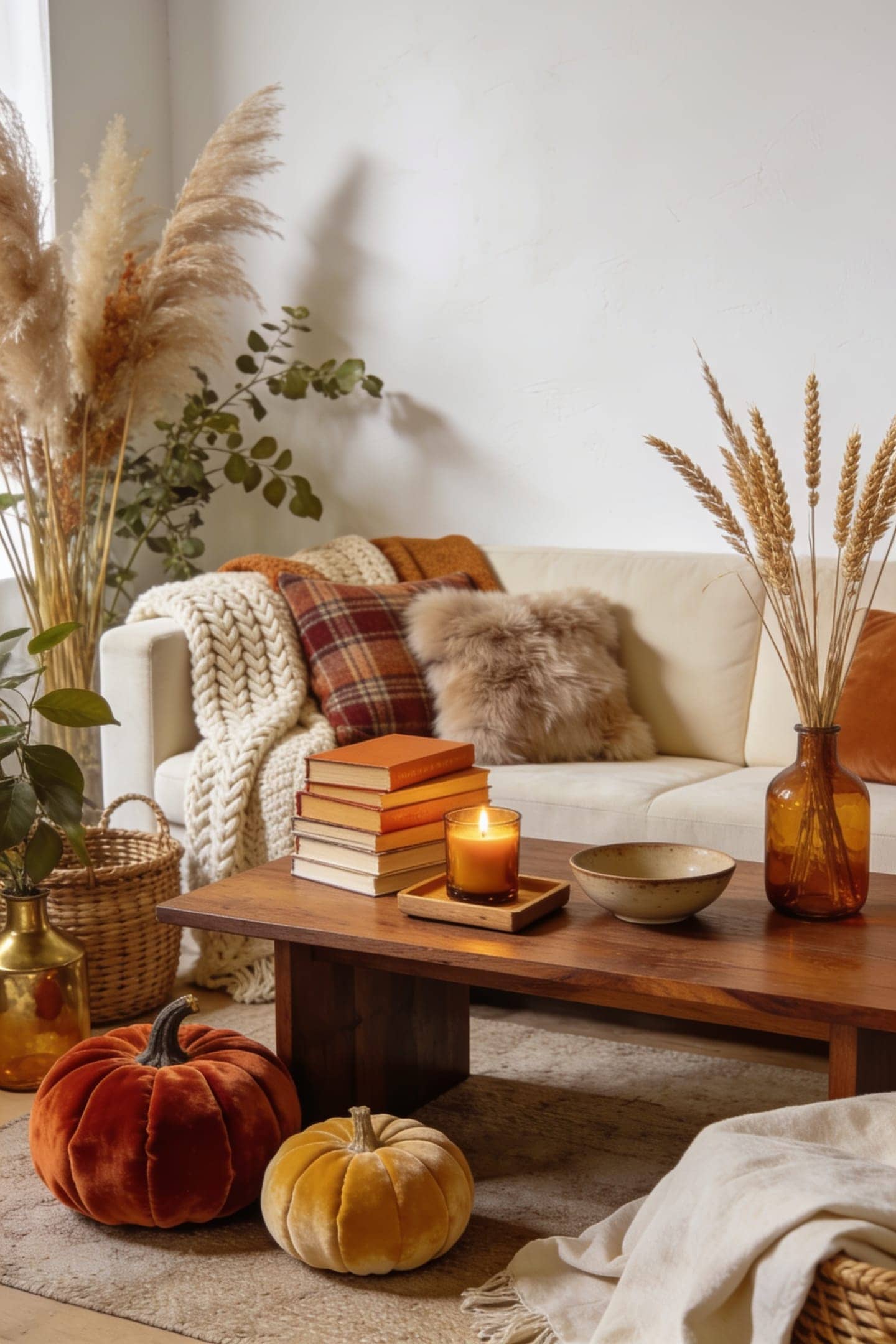 a coffee table styled with stacked books, a candle and a small bowl