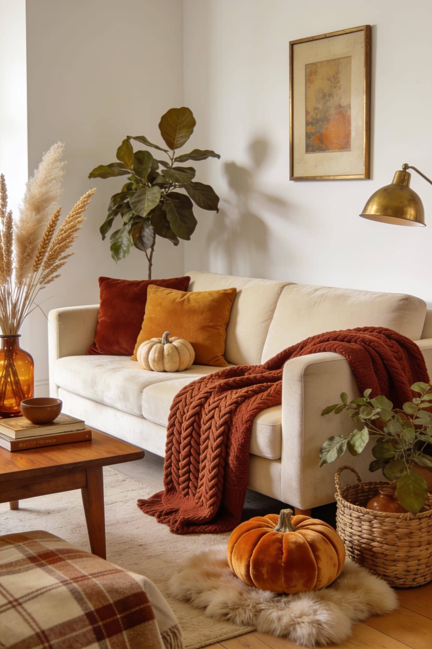 a calm, warmly layered fall living room with breathing room