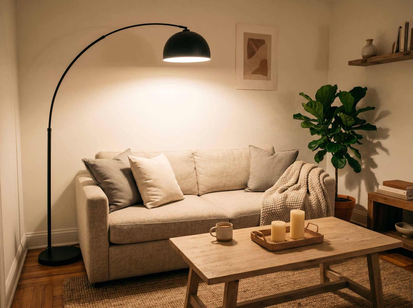 cozy living room glowing with layered warm lamp light at dusk